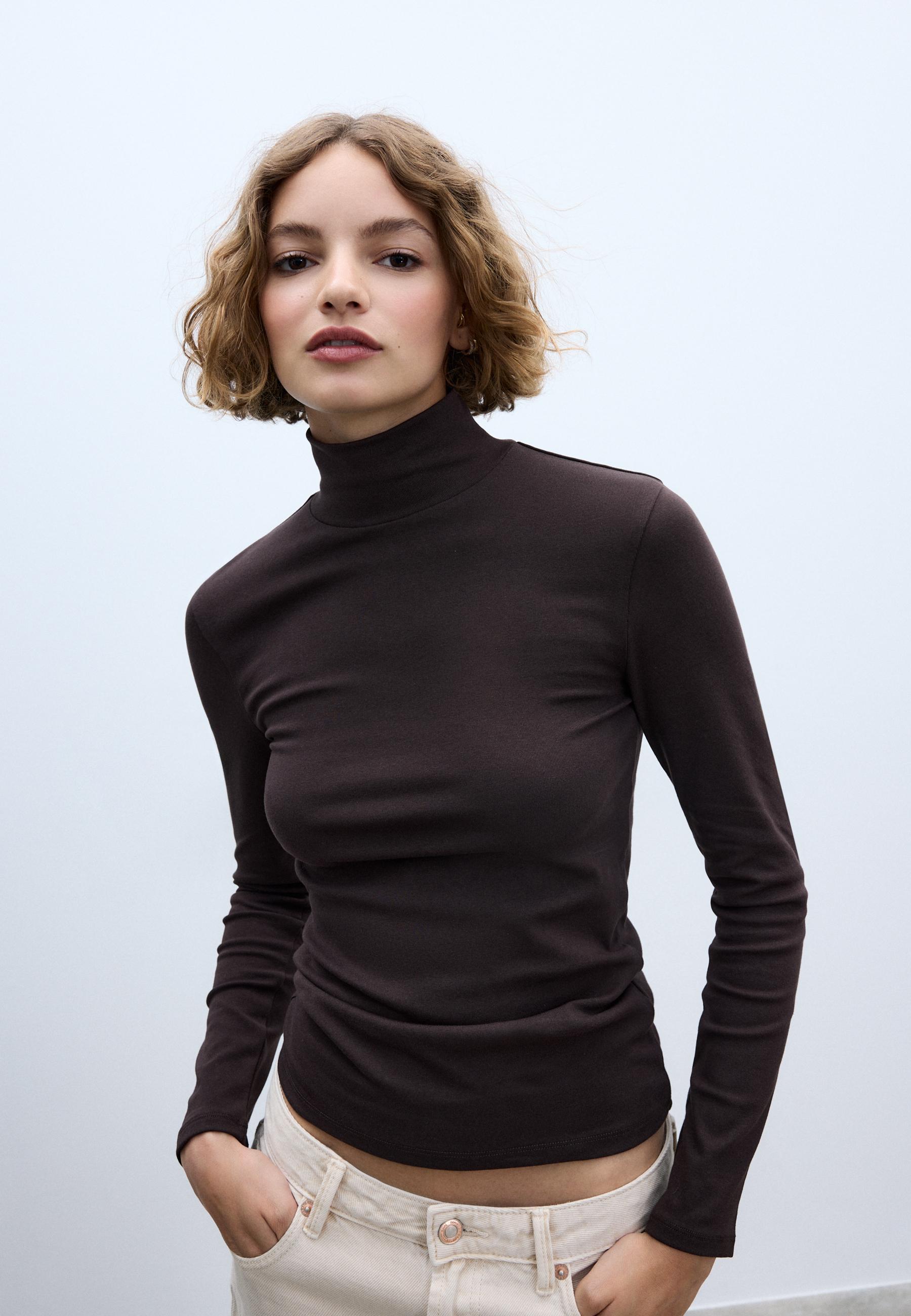 Stradivarius Βασική Μπλούζα Με Ψηλό Γιακά Καφέ Xl