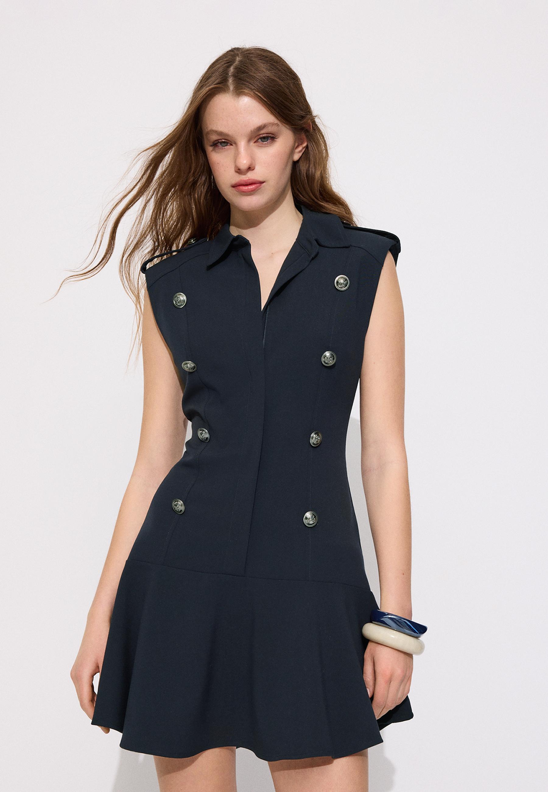 Short sleeveless buttoned dress — Dark blue