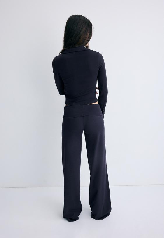 Stradivarius Pantalon Maille Taille Retournée Marine Xs