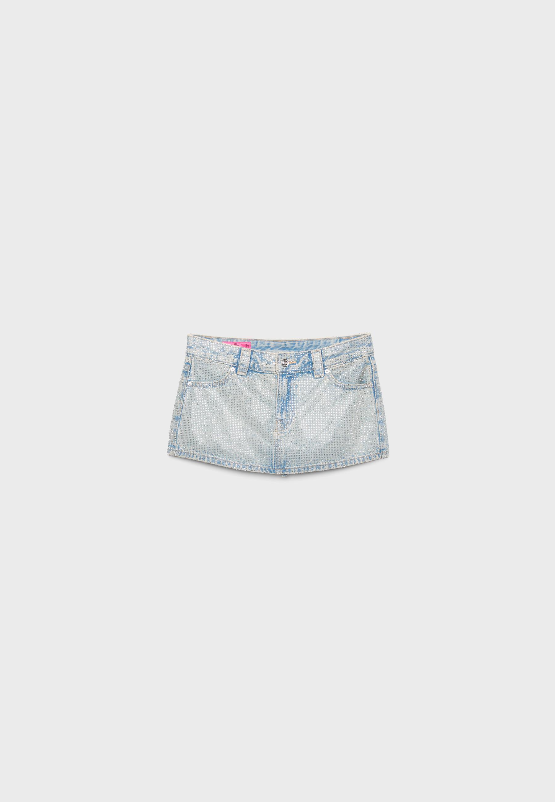 One Dilemma denim skort with rhinestones — OVERDYED BLUE DENIM