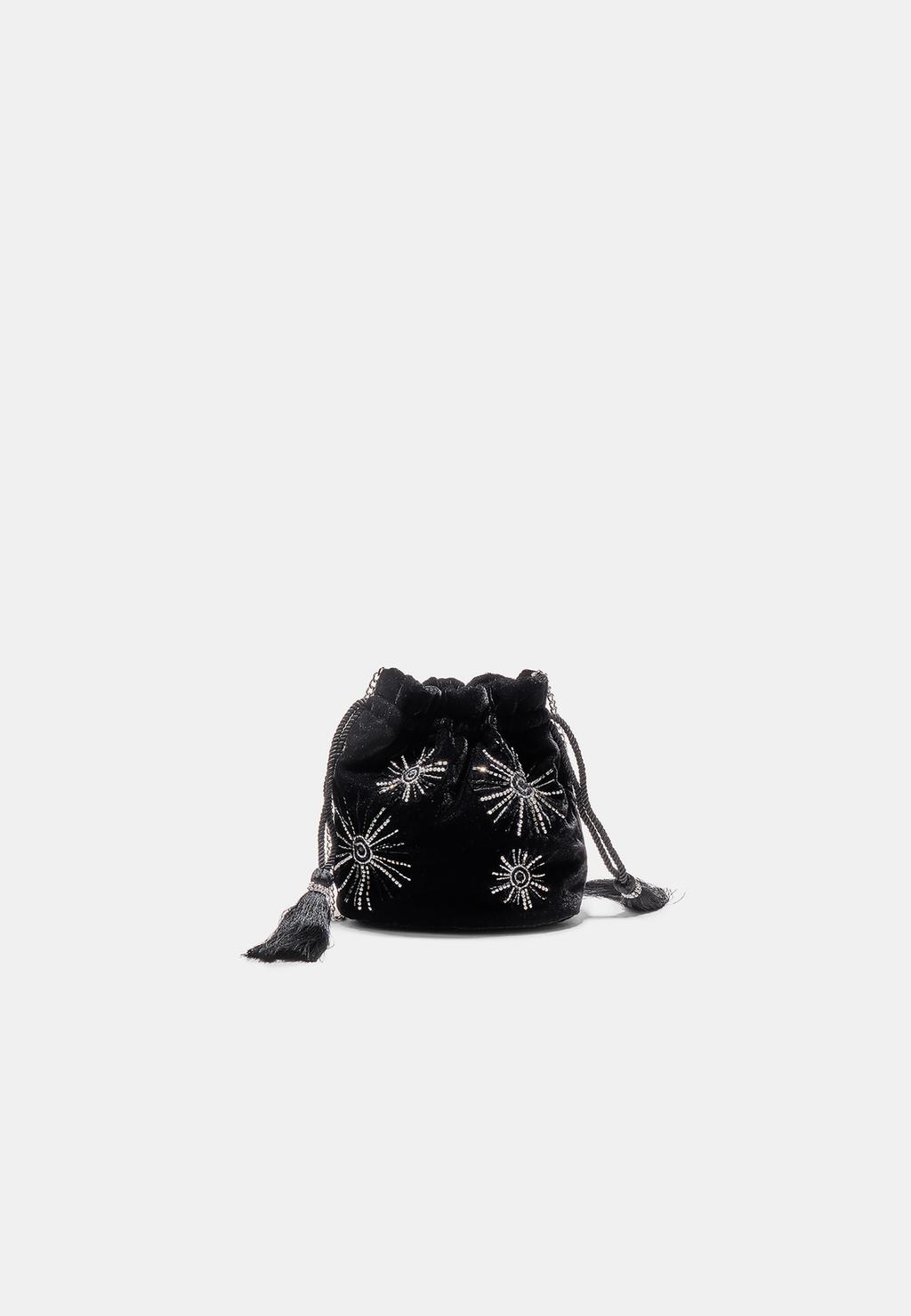Velvet-effect bucket bag with beads