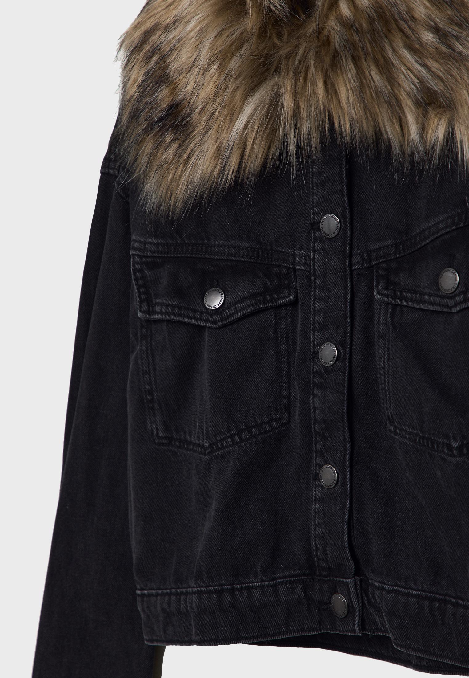 Black denim jacket with fashion fur collar womens