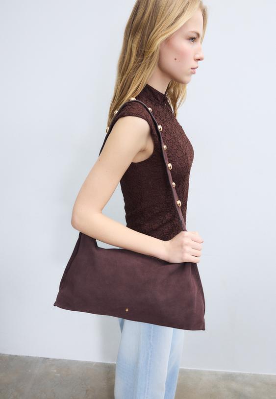 Stradivarius Flat Studded 100% Leather Shoulder Bag Brown Os