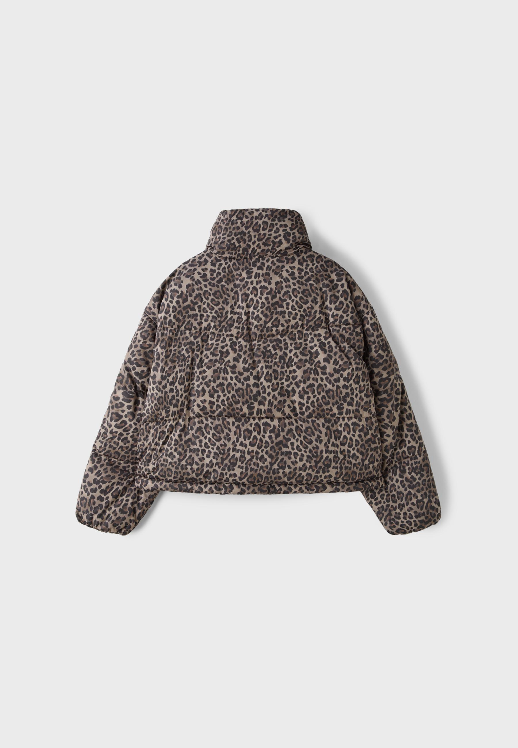 Animal print high-neck padded cropped jacket — Mid beige