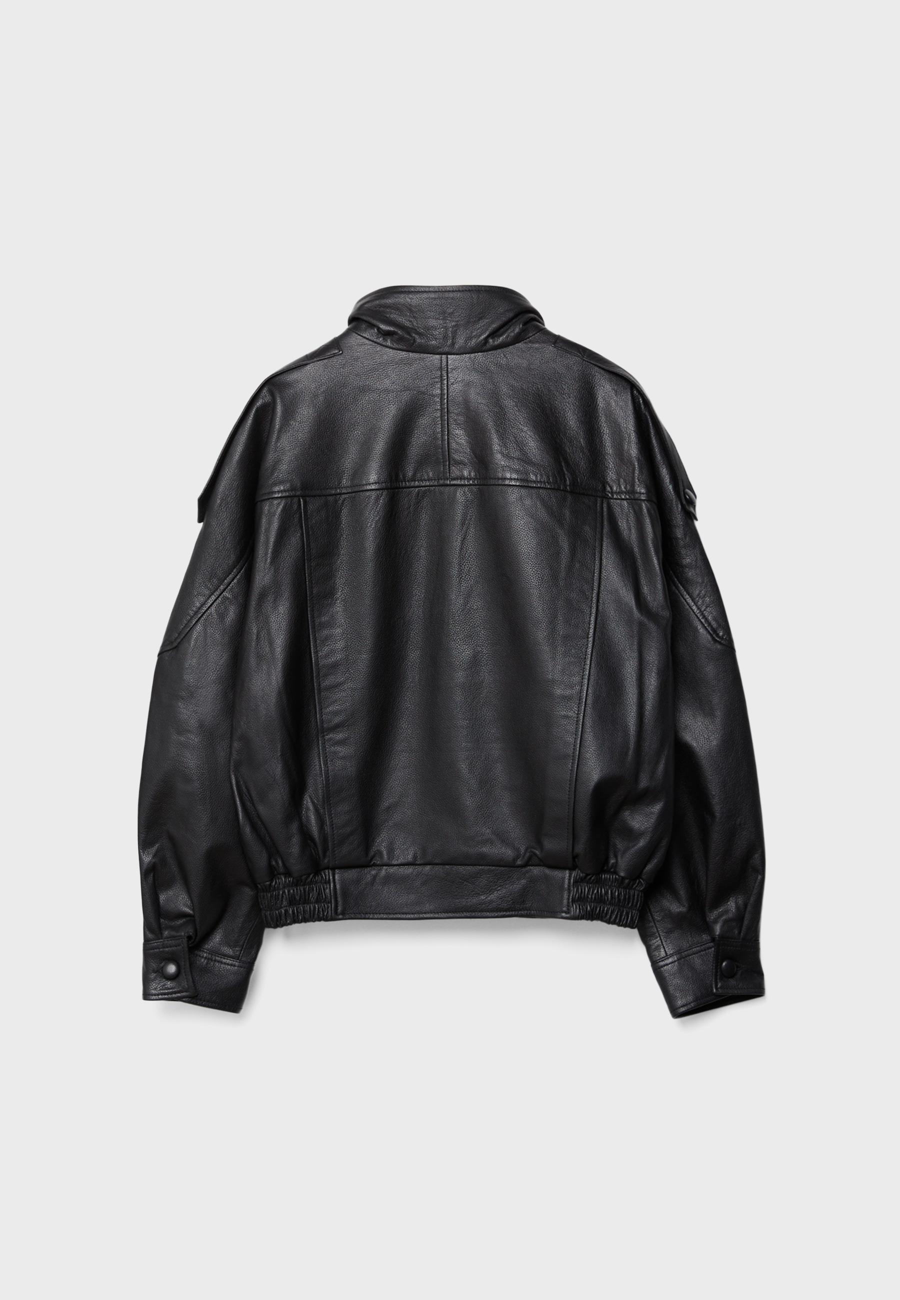 Oversize 100% leather flap jacket — Black