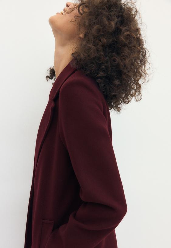 Stradivarius Soft-Touch Button-Up Midi Coat Burgundy Xl