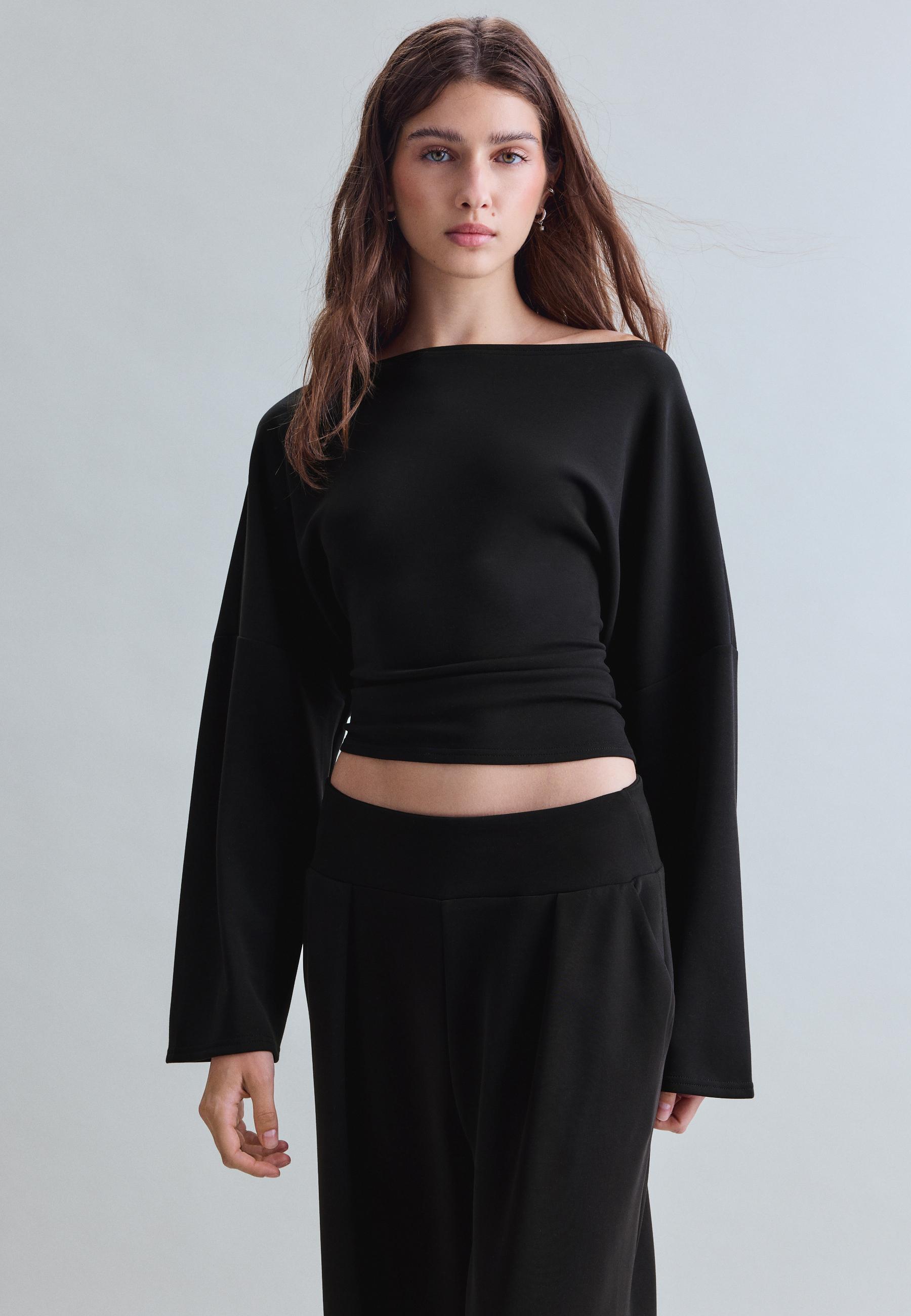 Soft-touch ruched asymmetric sweatshirt — Black