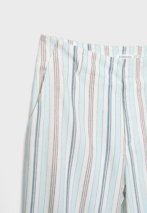 Straight fit dökümlü çizgili keten karışımlı pantolon_2