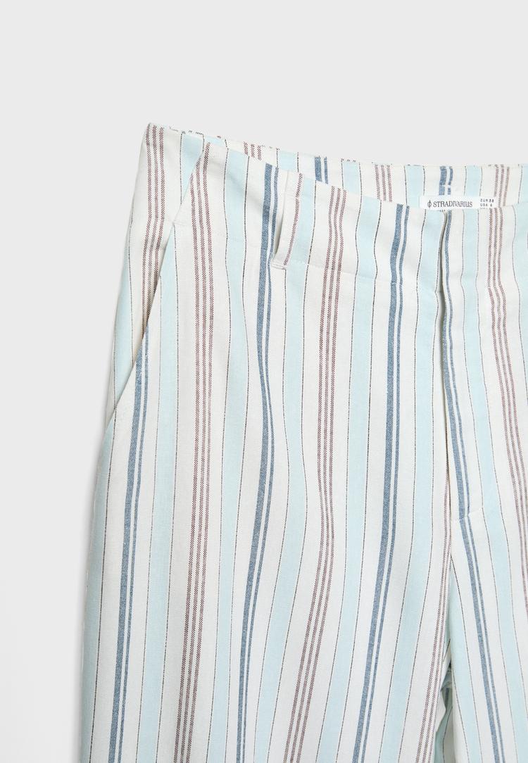 Straight fit dökümlü çizgili keten karışımlı pantolon_2