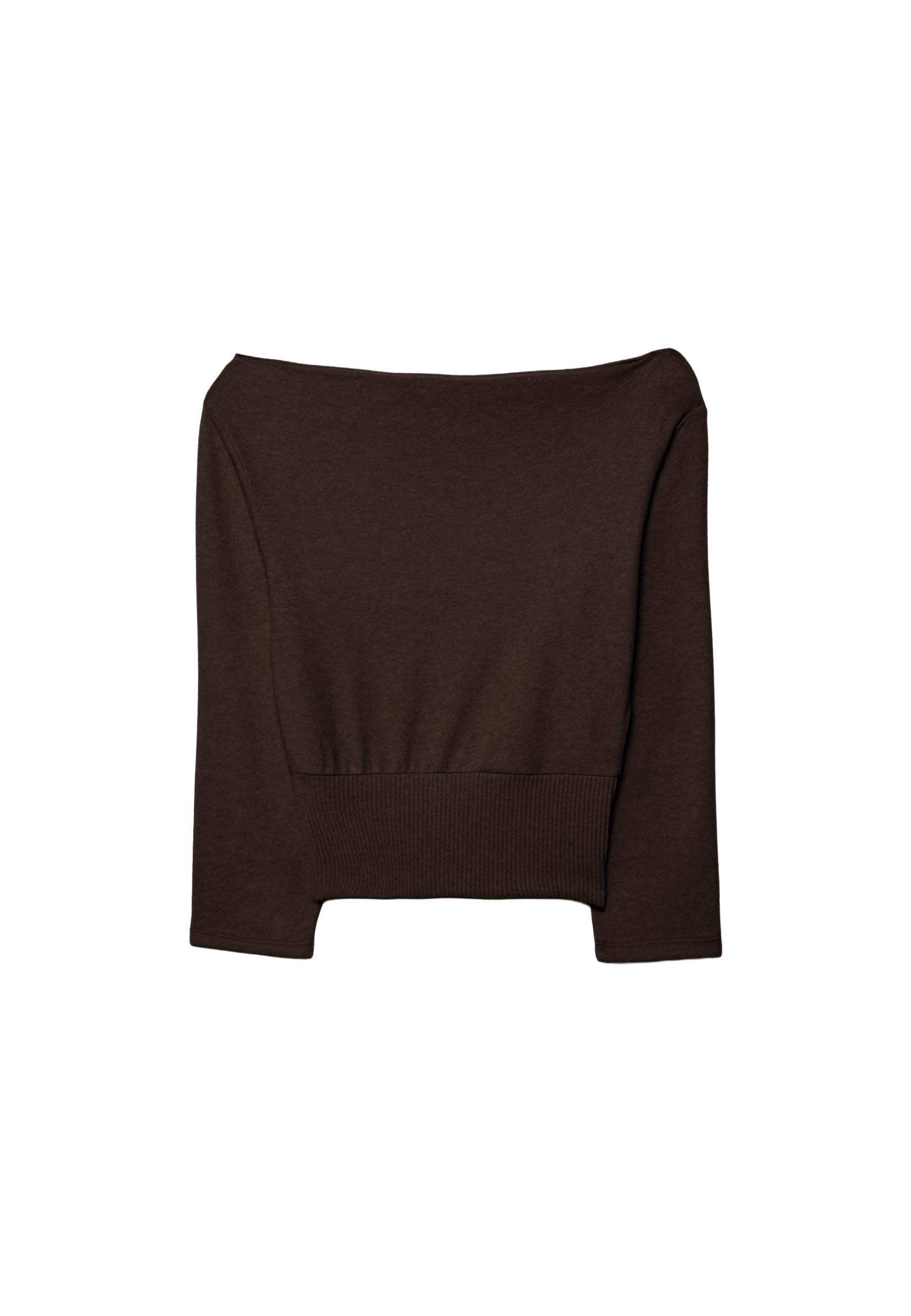 Boat neck knit T-shirt with sash belt — Brown