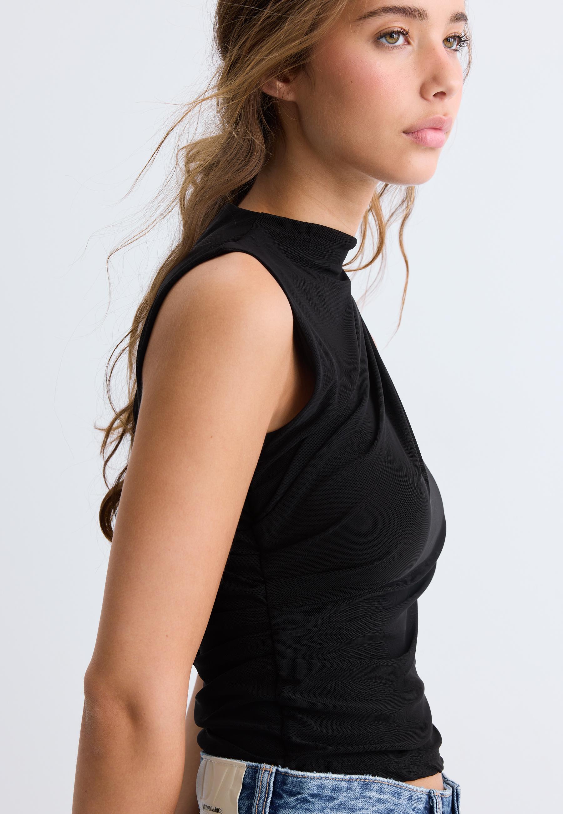 Gathered tulle T-shirt — Black