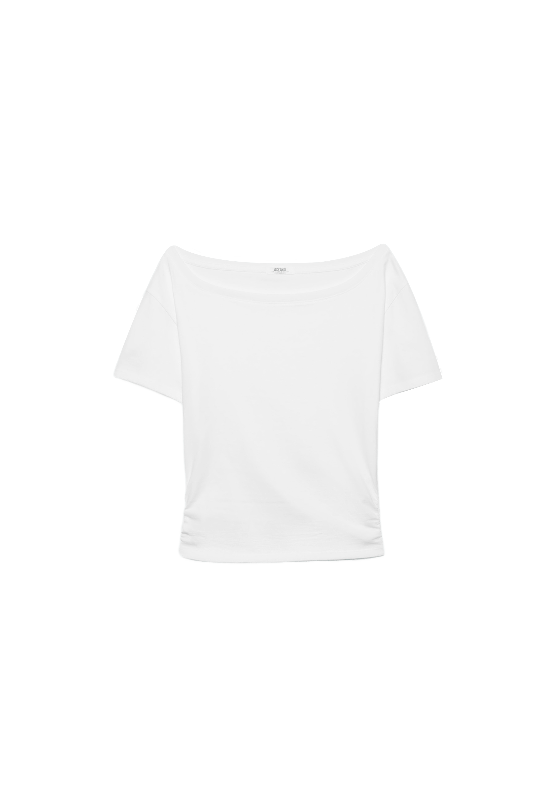 Short sleeve boat neck T-shirt with gathers — White