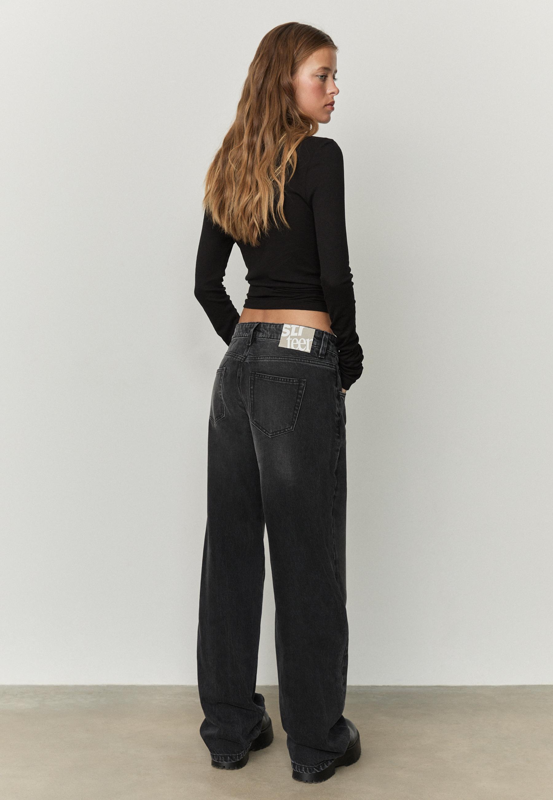 Low wide-leg jeans — BLACK DENIM WASHED EFFECT