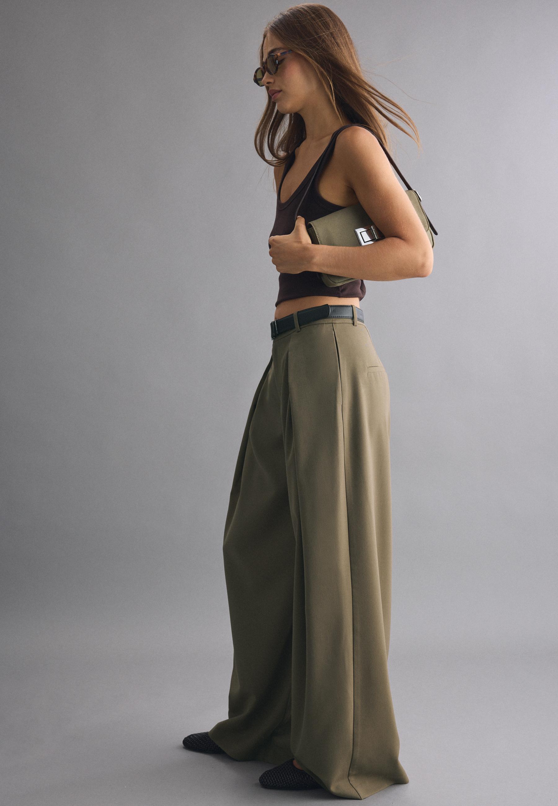 Wide-leg darted trousers with belt — Khaki