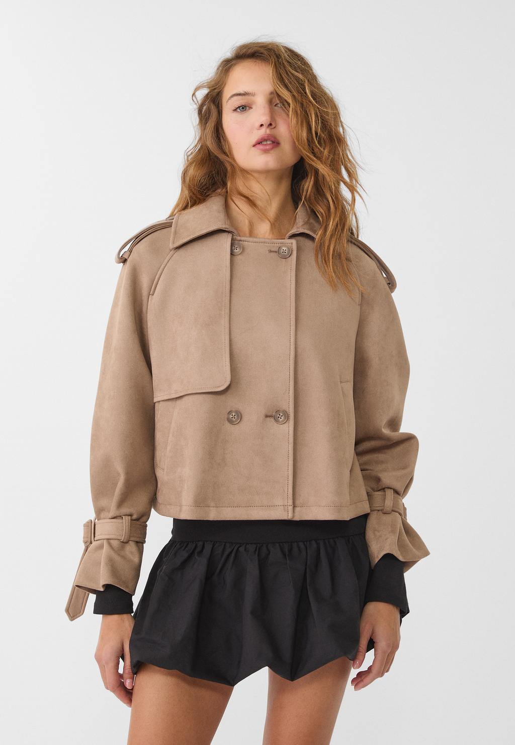 Short faux suede trench coat