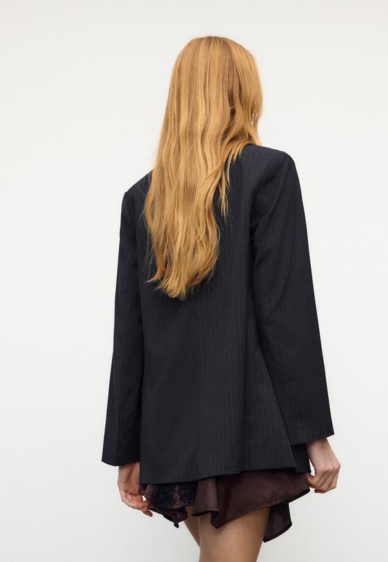 Stradivarius Striped Open Blazer Navy Blue L