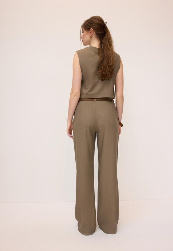 Kemerli, keten görünümlü düz paça pantolon - Görsel 12