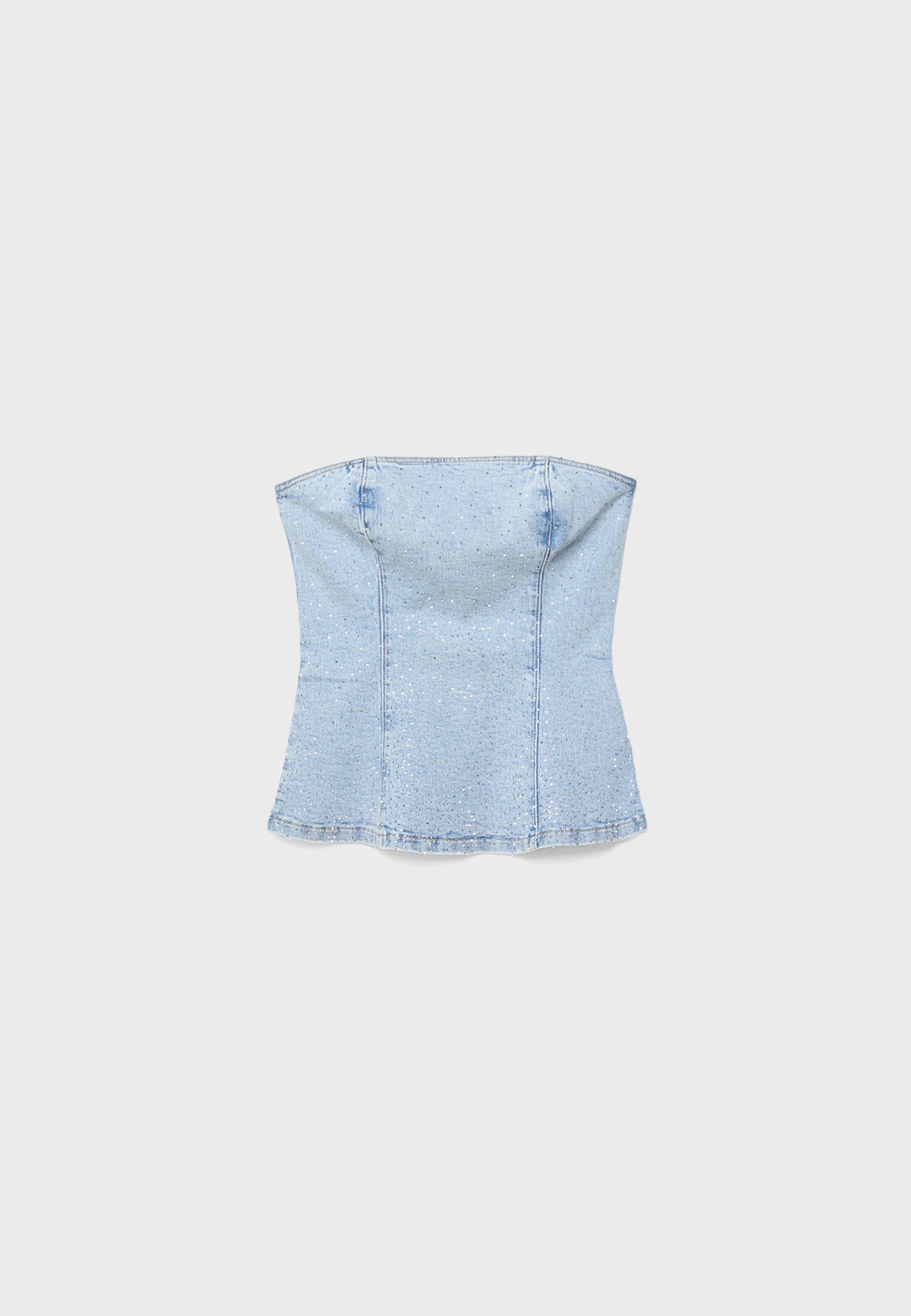 Shimmery denim bustier top — MEDIUM LIGHT BLUE DENIM