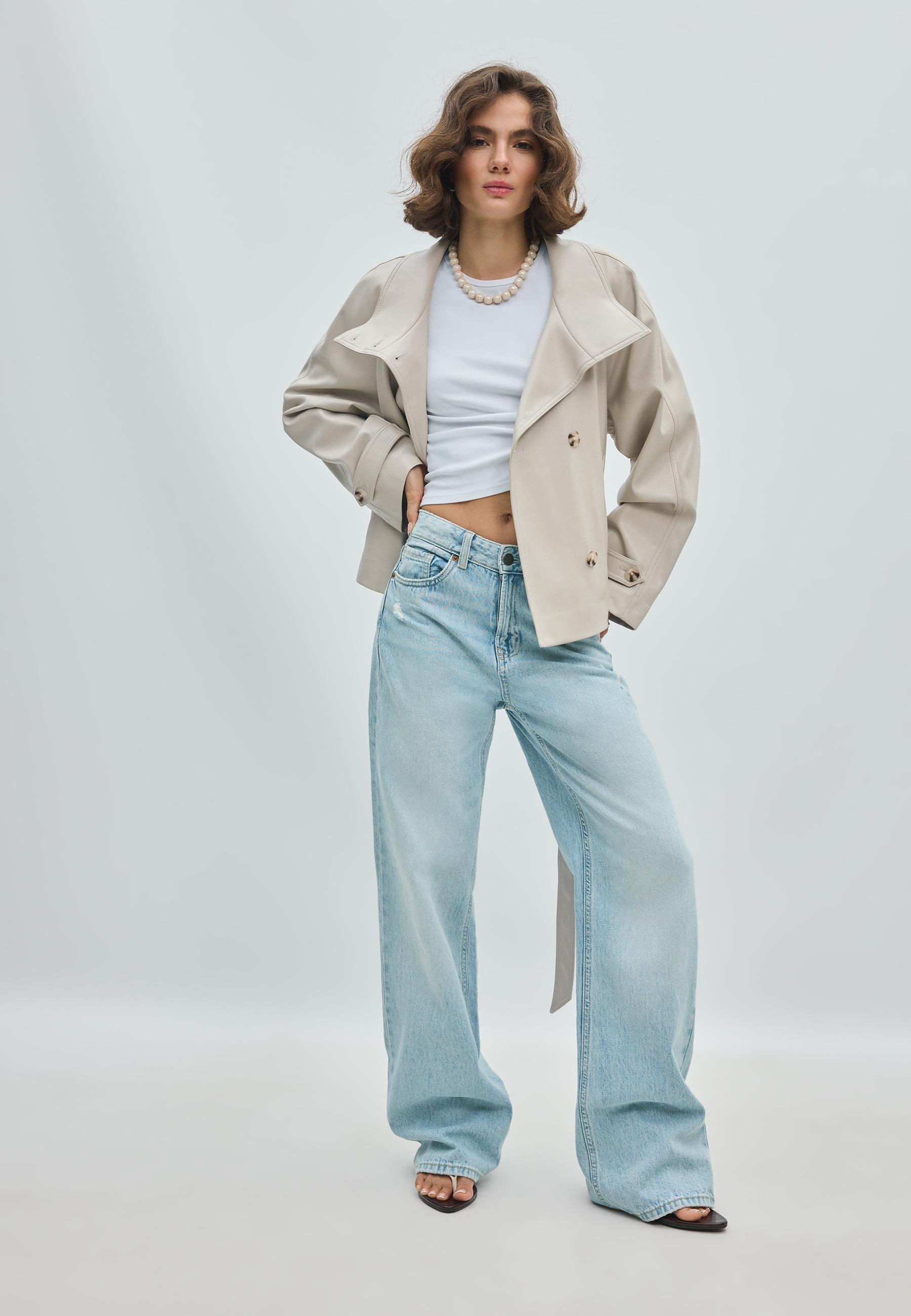 Stradivarius Trench Με Ψηλό Γιακά Και Όψη Δέρματος Εκρού M