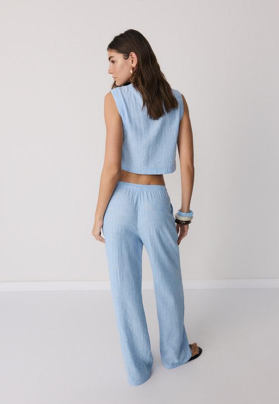 Stradivarius Pantalon Fluide Effet Lin Fil Métallisé Bleu S