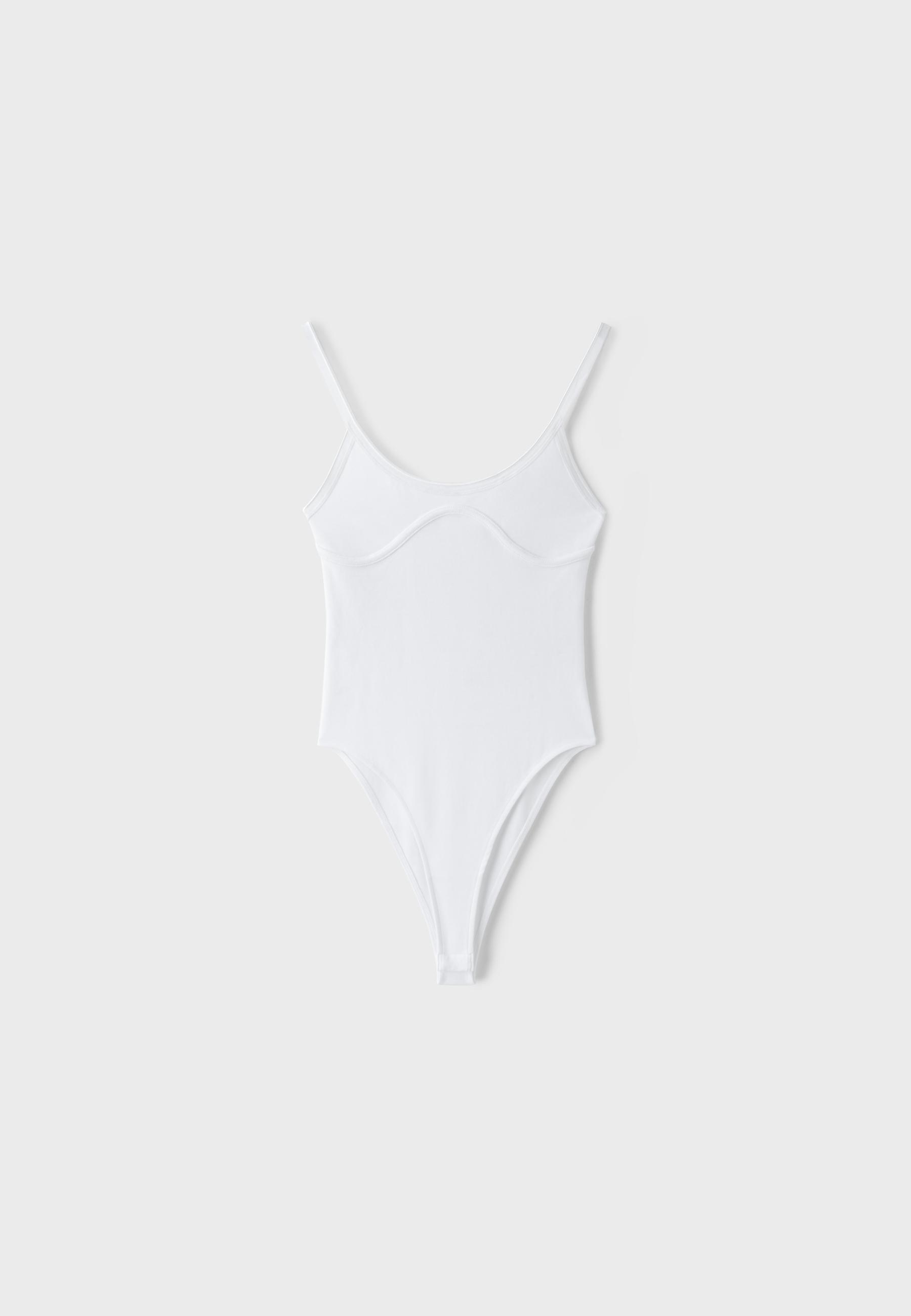 Ribbed corset-detail bodysuit — Ecru