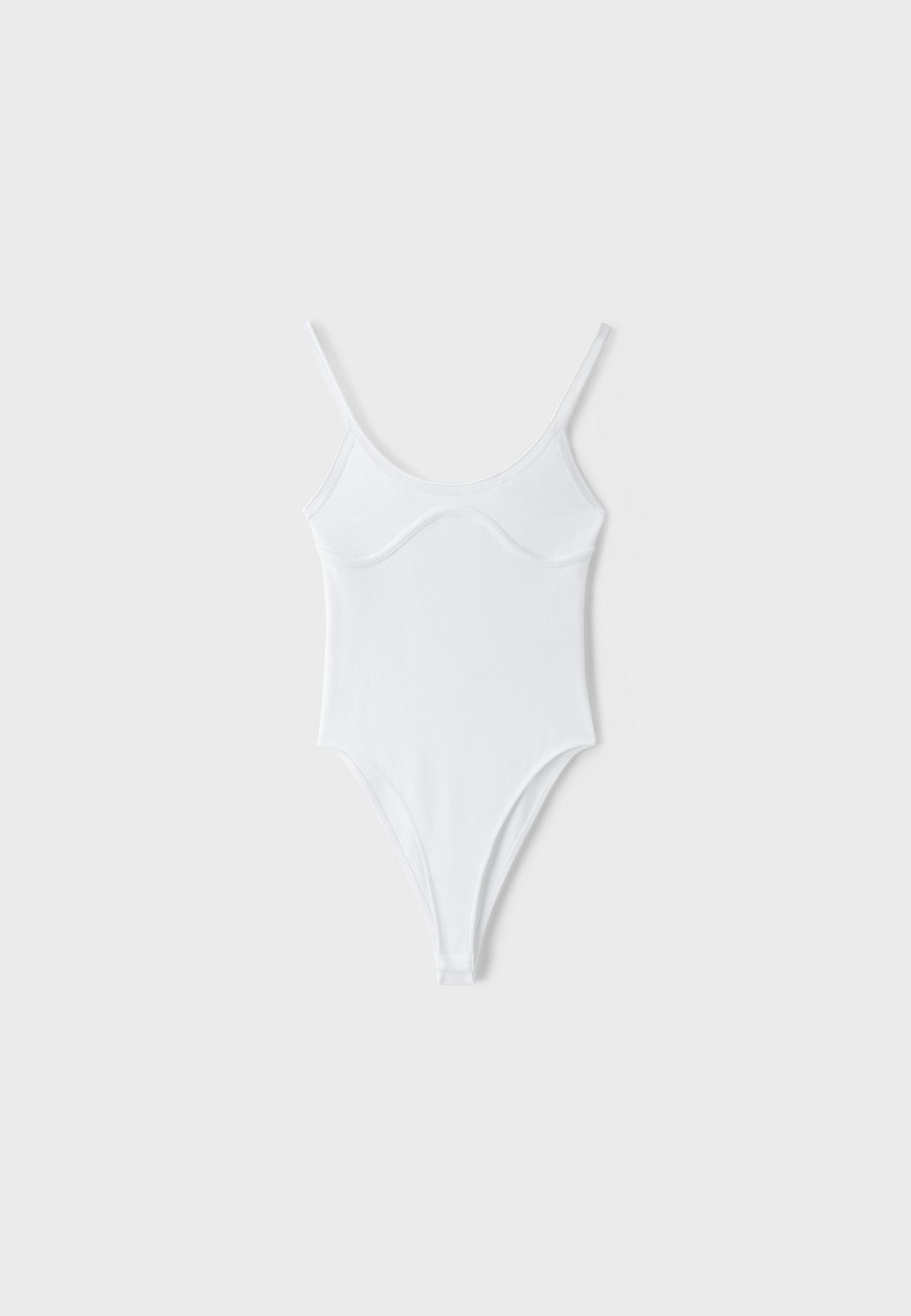 Ribbed corset detail bodysuit — Ecru