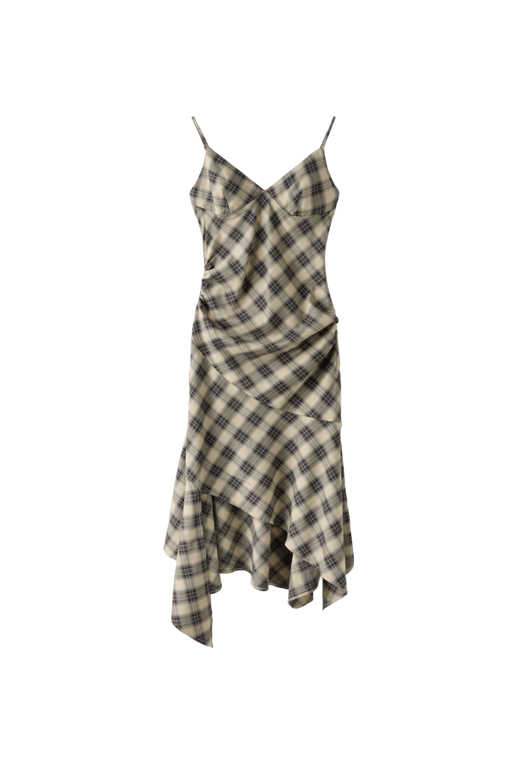 Asymmetric check print midi dress — Beige