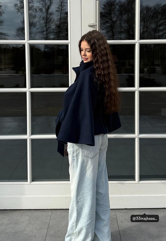 Stradivarius Τζάκετ Κάπα Με Απαλή Υφή Σκούρο Μπλε M-L