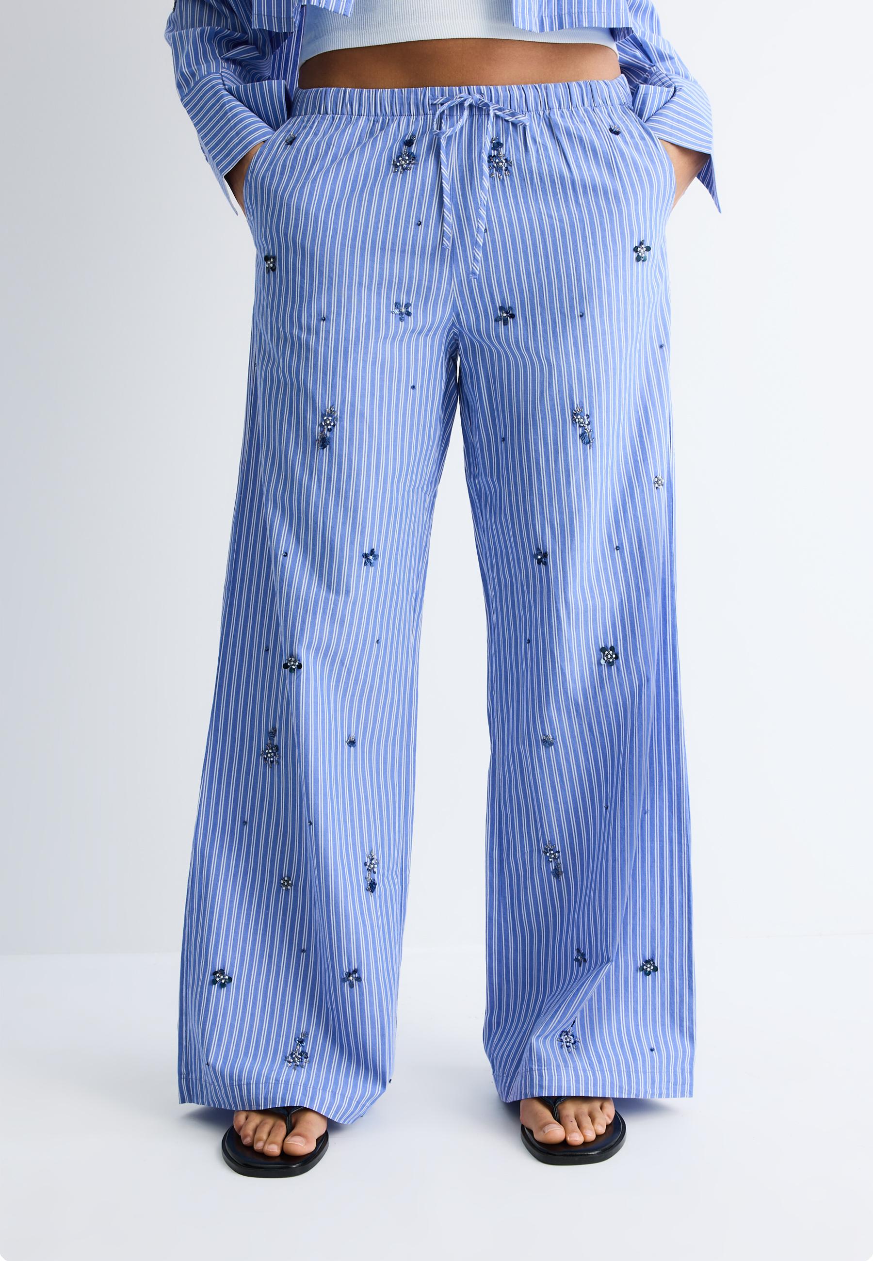 Embroidered pyjama-style trousers — Sky blue
