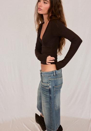 Long sleeve lace V-neck top — Brown 6