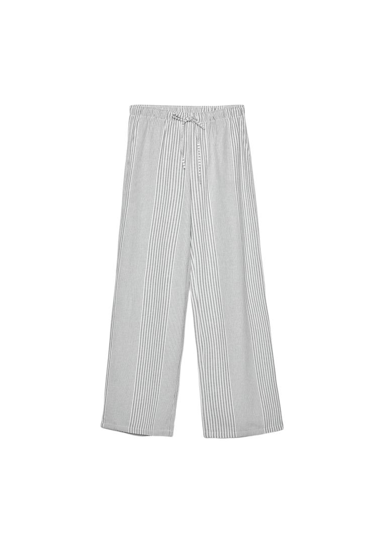 Dökümlü çizgili keten karışımlı pantolon_8