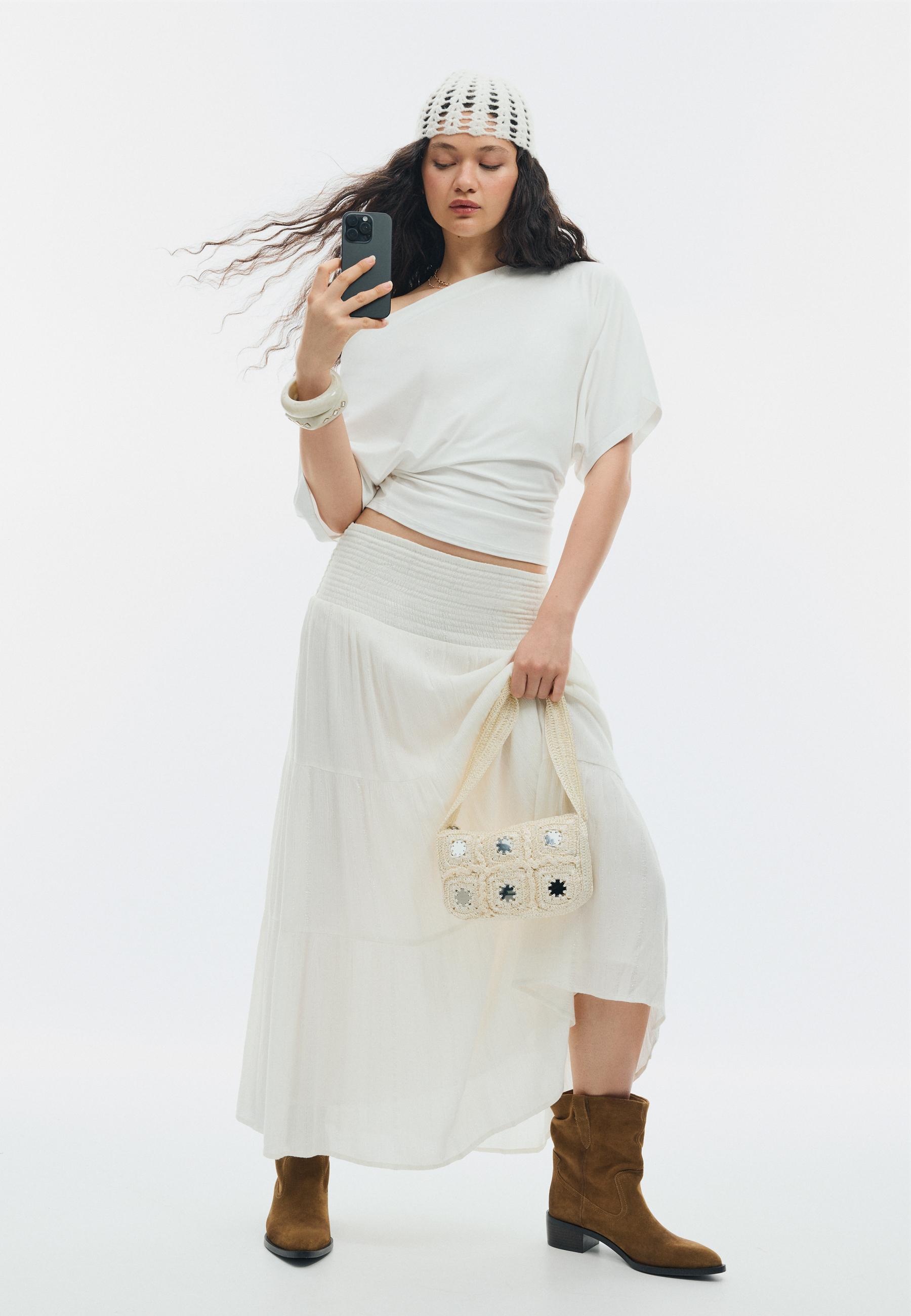 Panelled skirt with metallic thread — Ecru