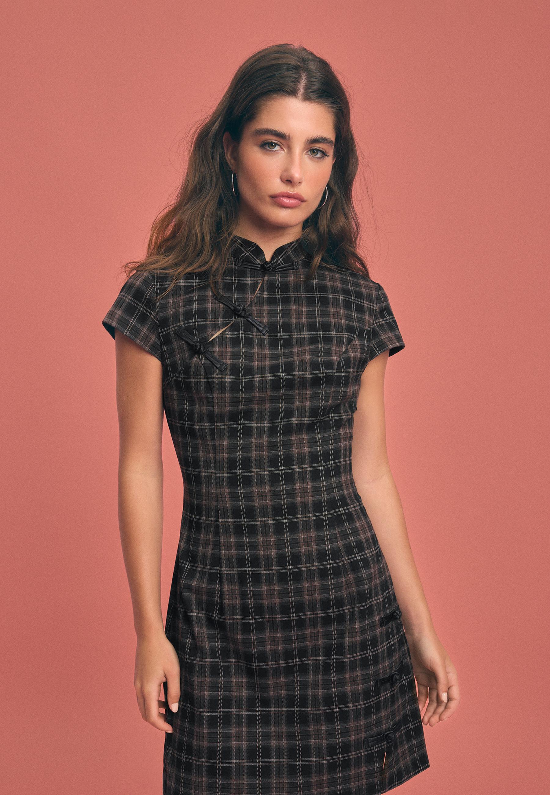 black plaid dress women Check print stand collar short - Women's fashion Size:3y-4y do not tumble dry. Length:Mini-Dress Girls Princess Ball Gown