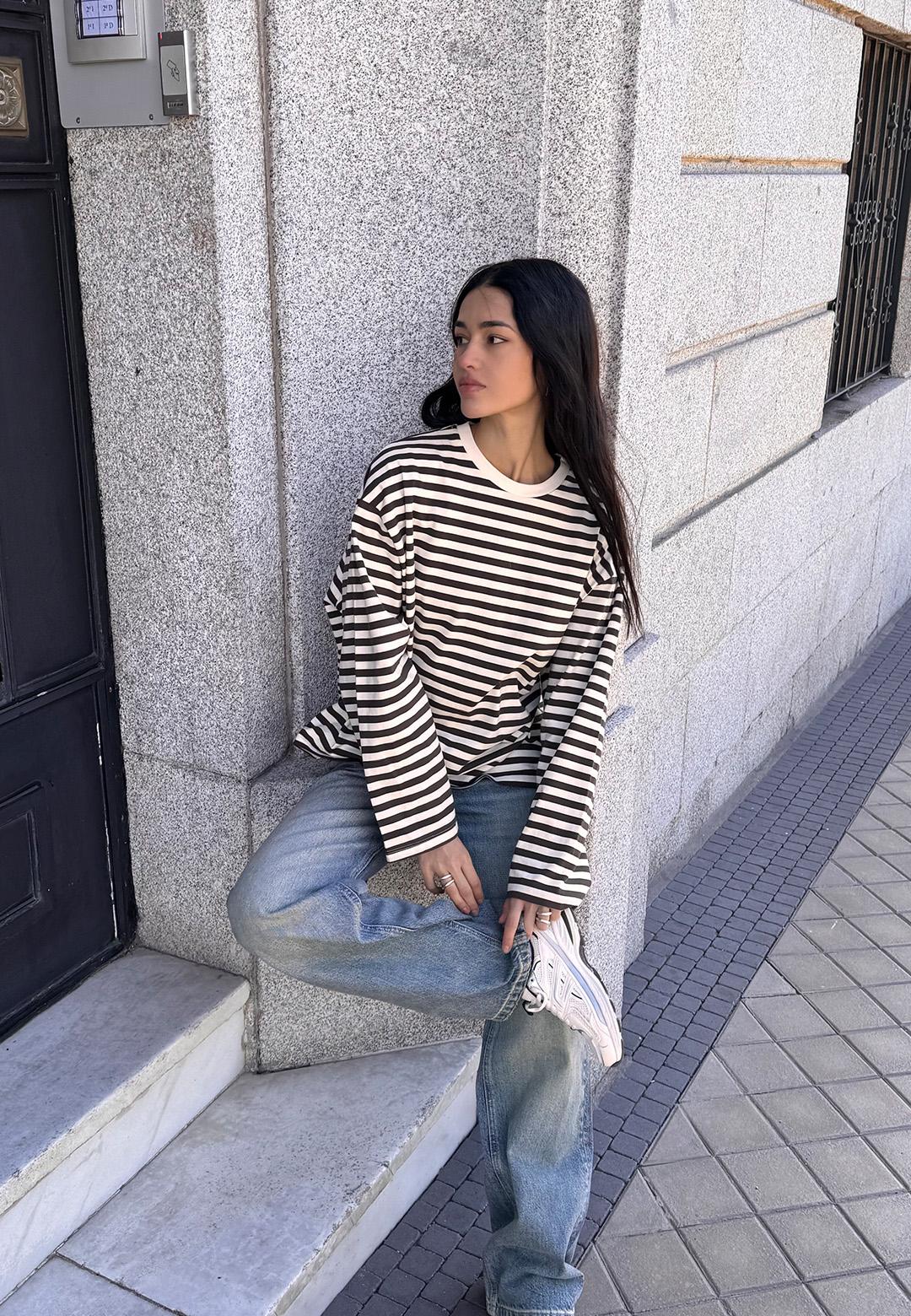 Striped long sleeve T-shirt — Ecru