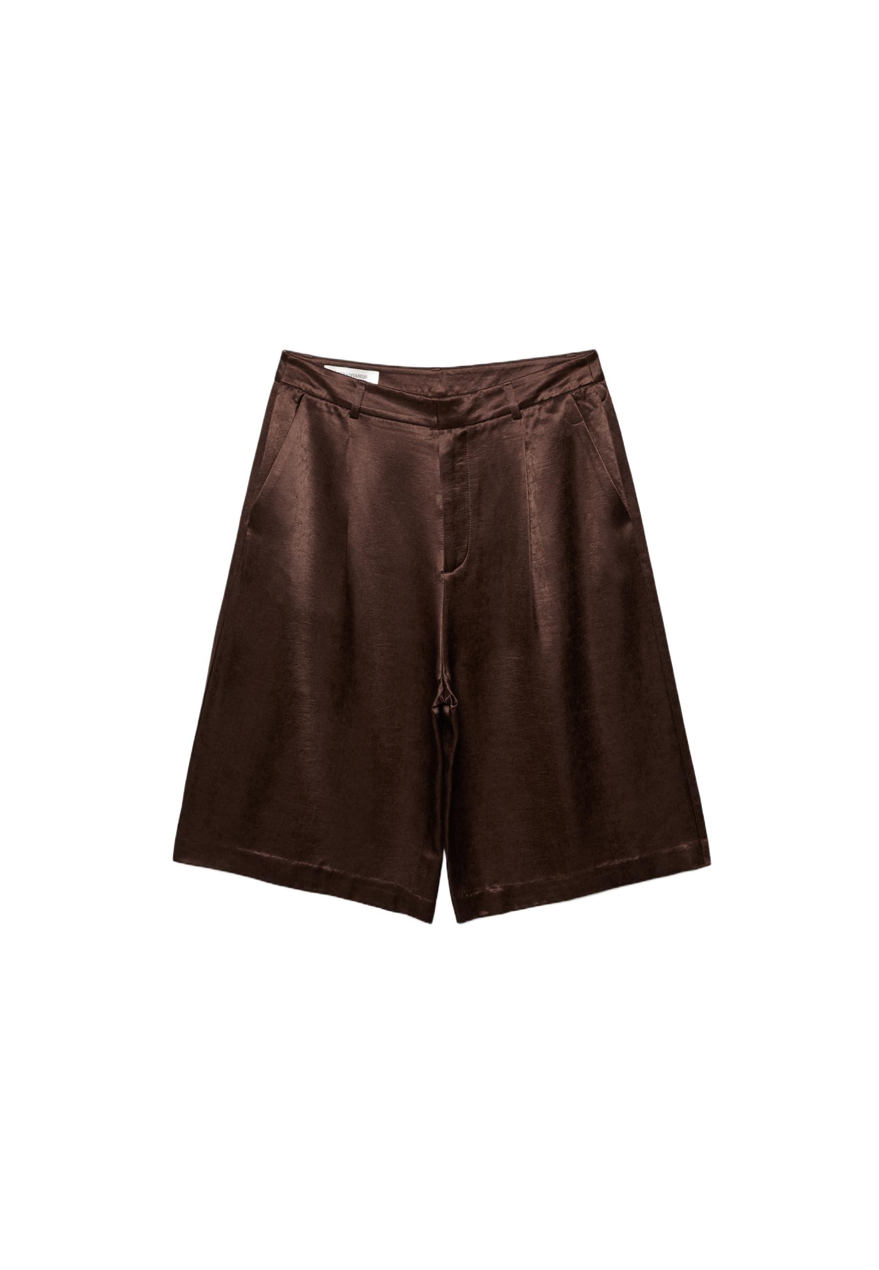Satin Bermuda shorts with darts — Brown
