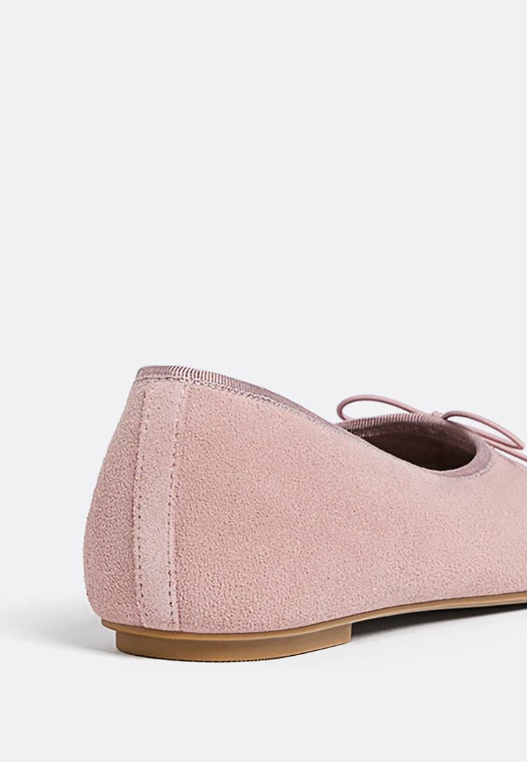 split suede ballet flats with bow