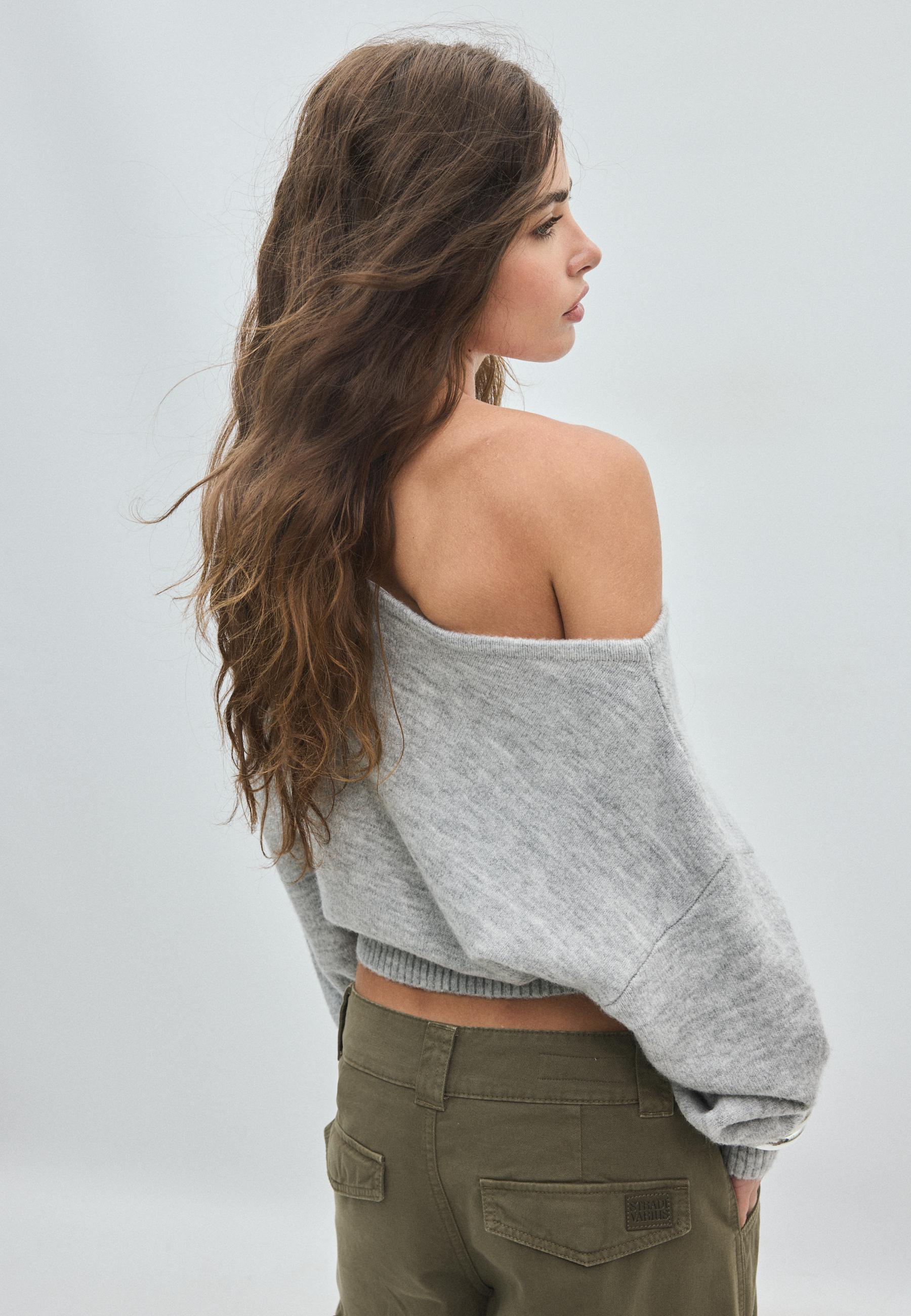 Soft-touch knit boat neck sweater — Grey melange