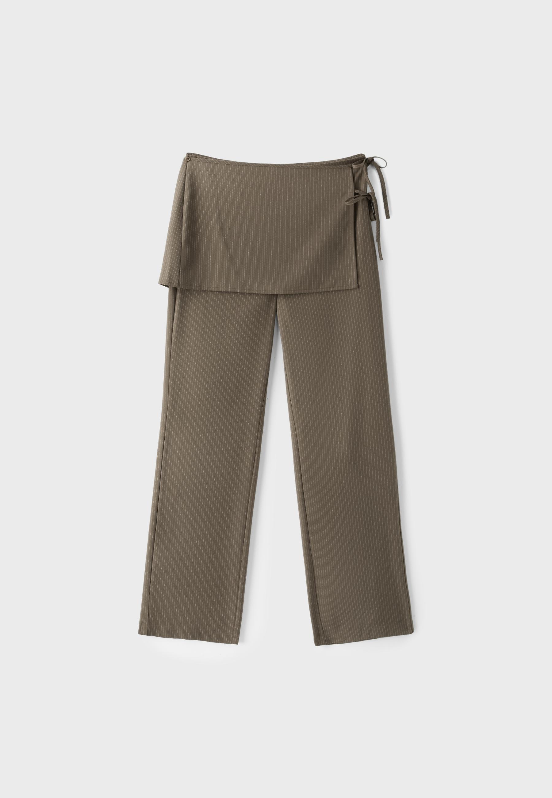Striped straight-leg trousers with skirt overlay — Khaki