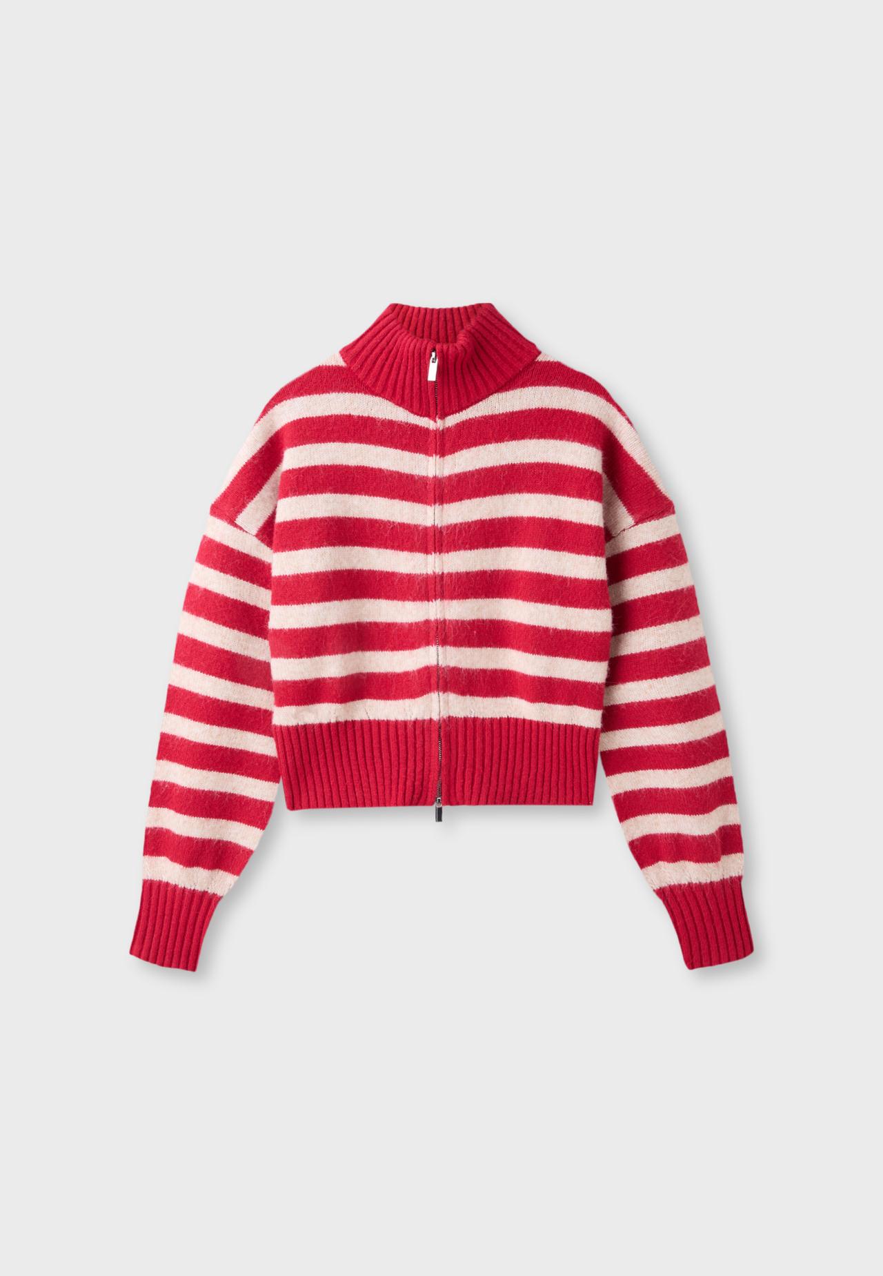 Striped zip-up knit cardigan — Red