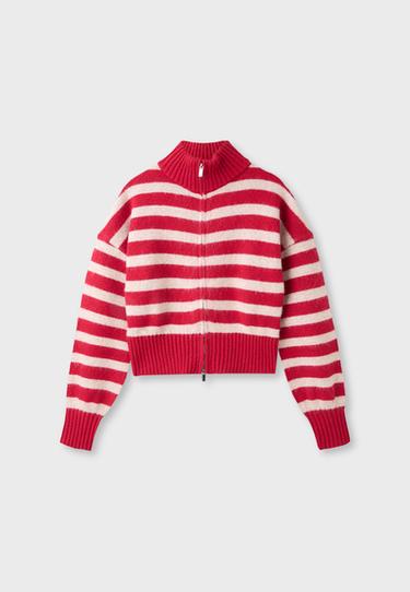 Striped zip-up knit cardigan — Red 7