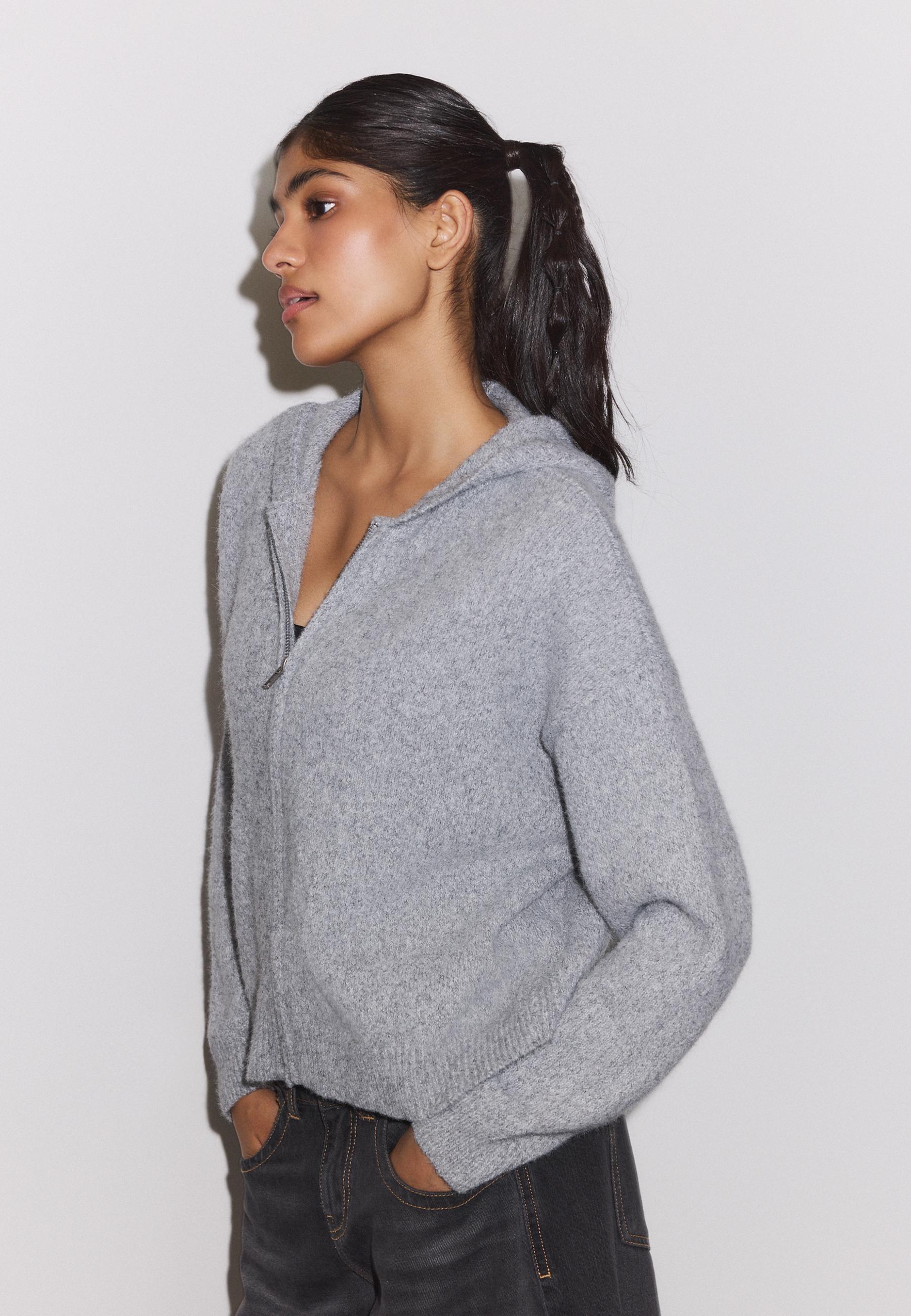 Zipped hooded knit cardigan — Grey melange