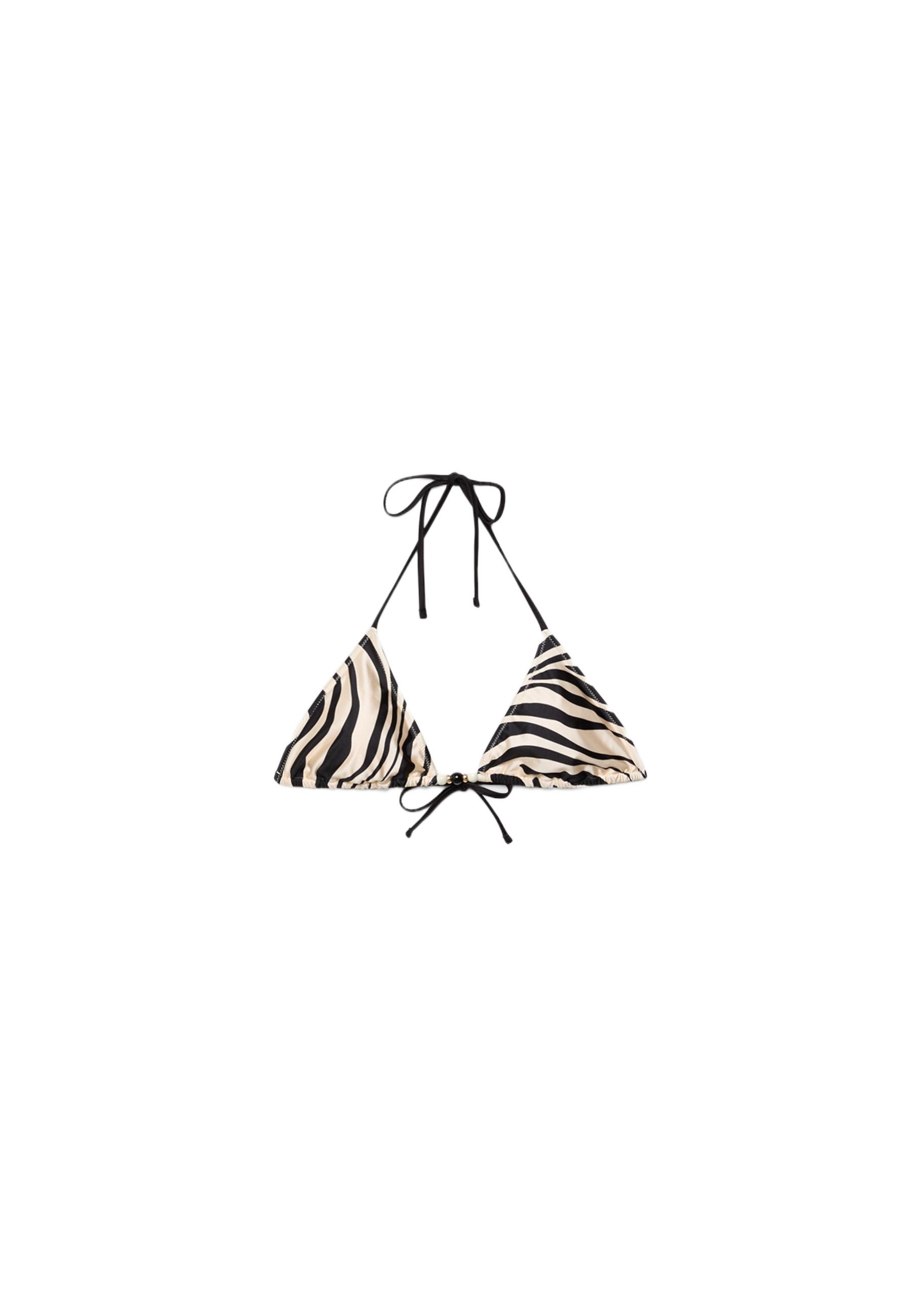 Printed satin triangle bikini top — Ecru