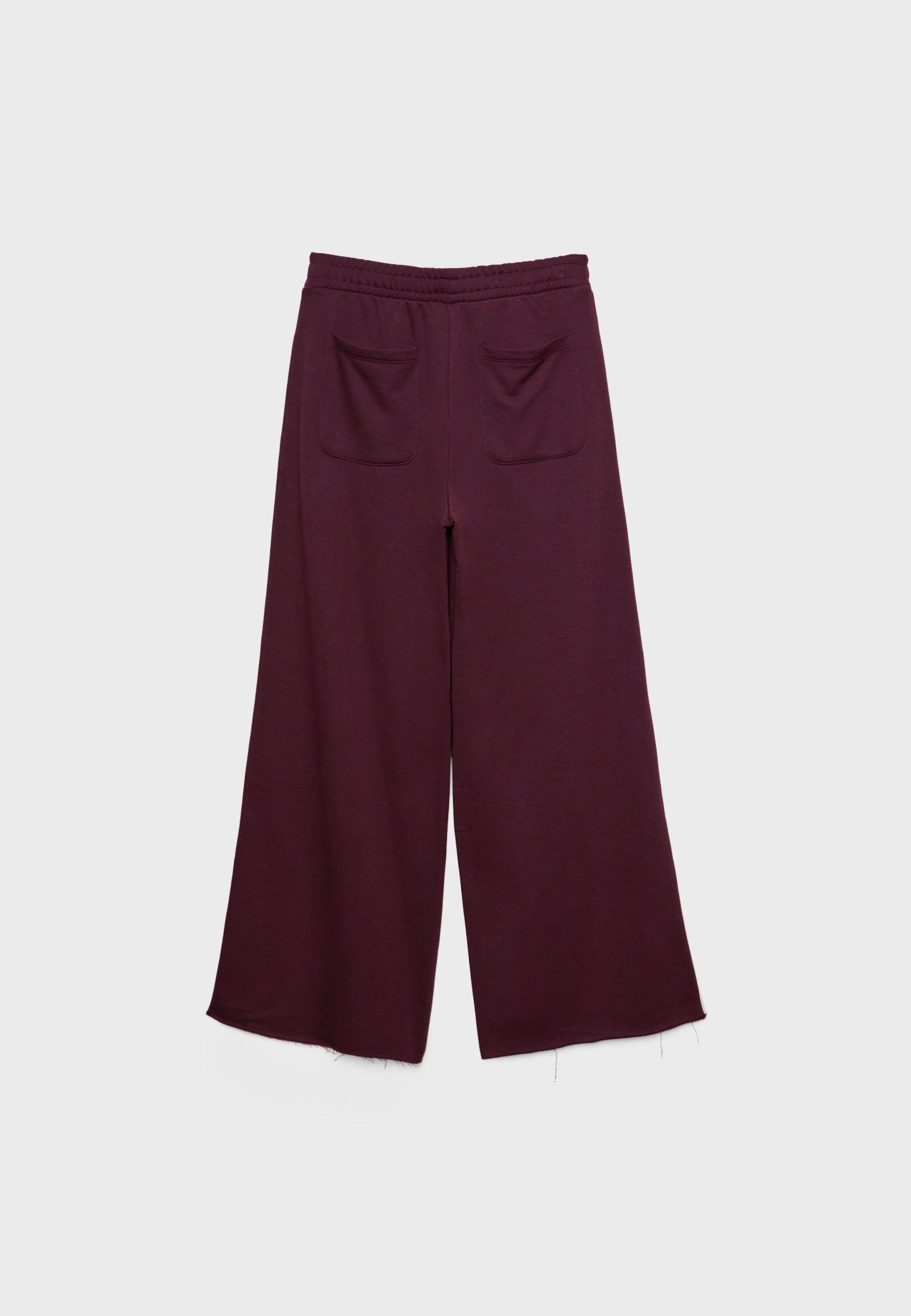 Wide-leg plush trousers with trim detail — Burgundy