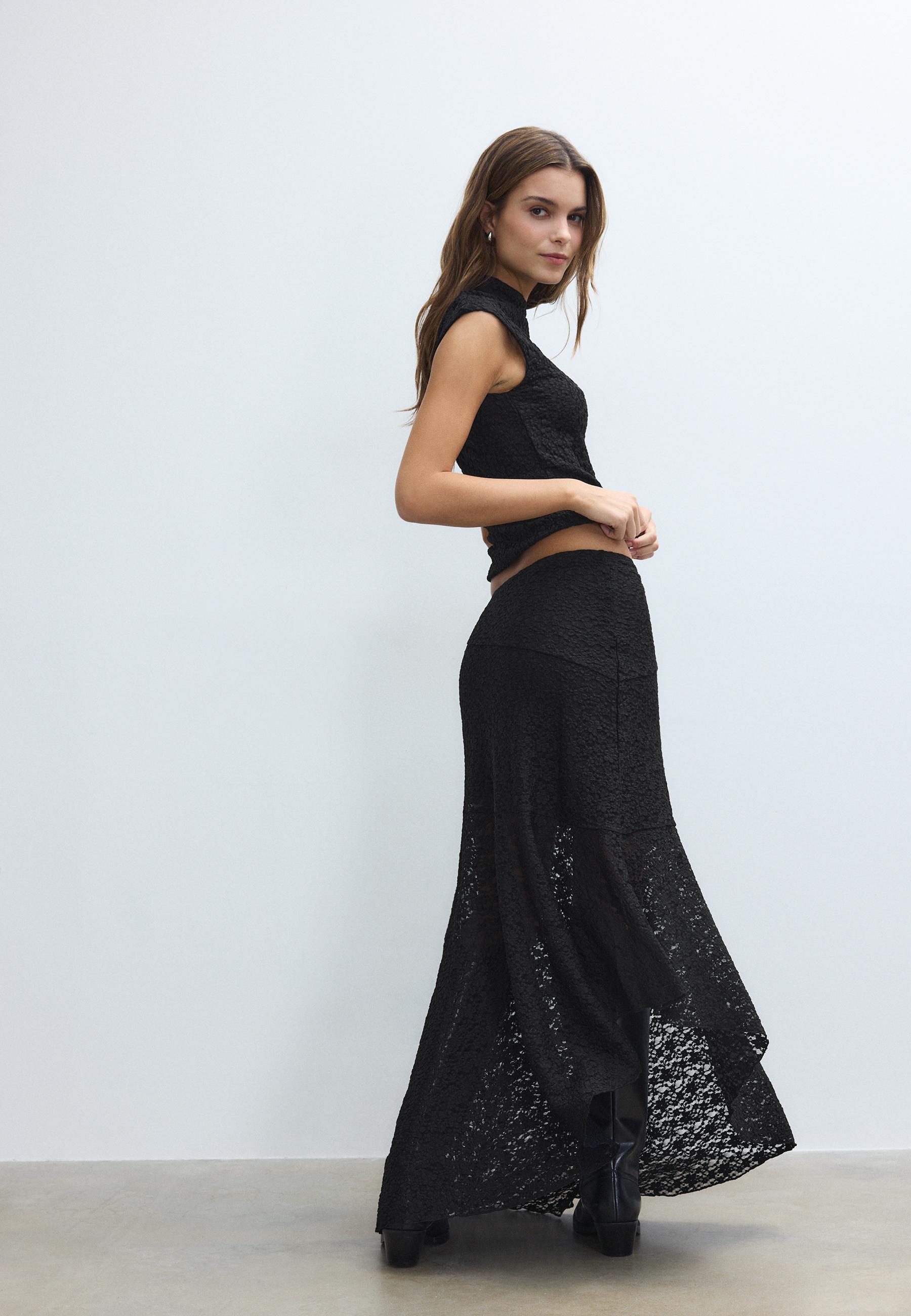 Asimetrik dantel midi etek