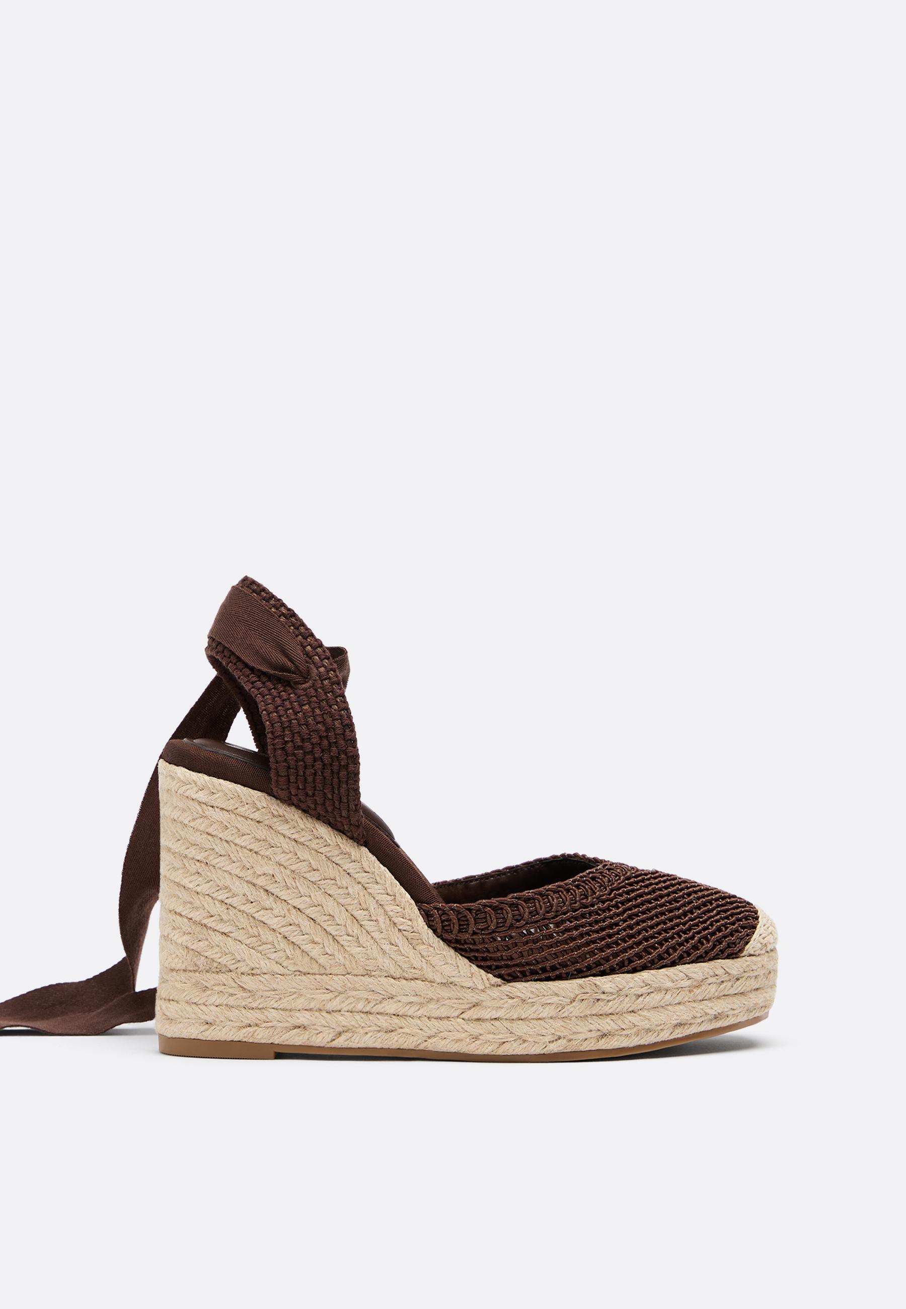Lace-up jute platform wedges — BROWN