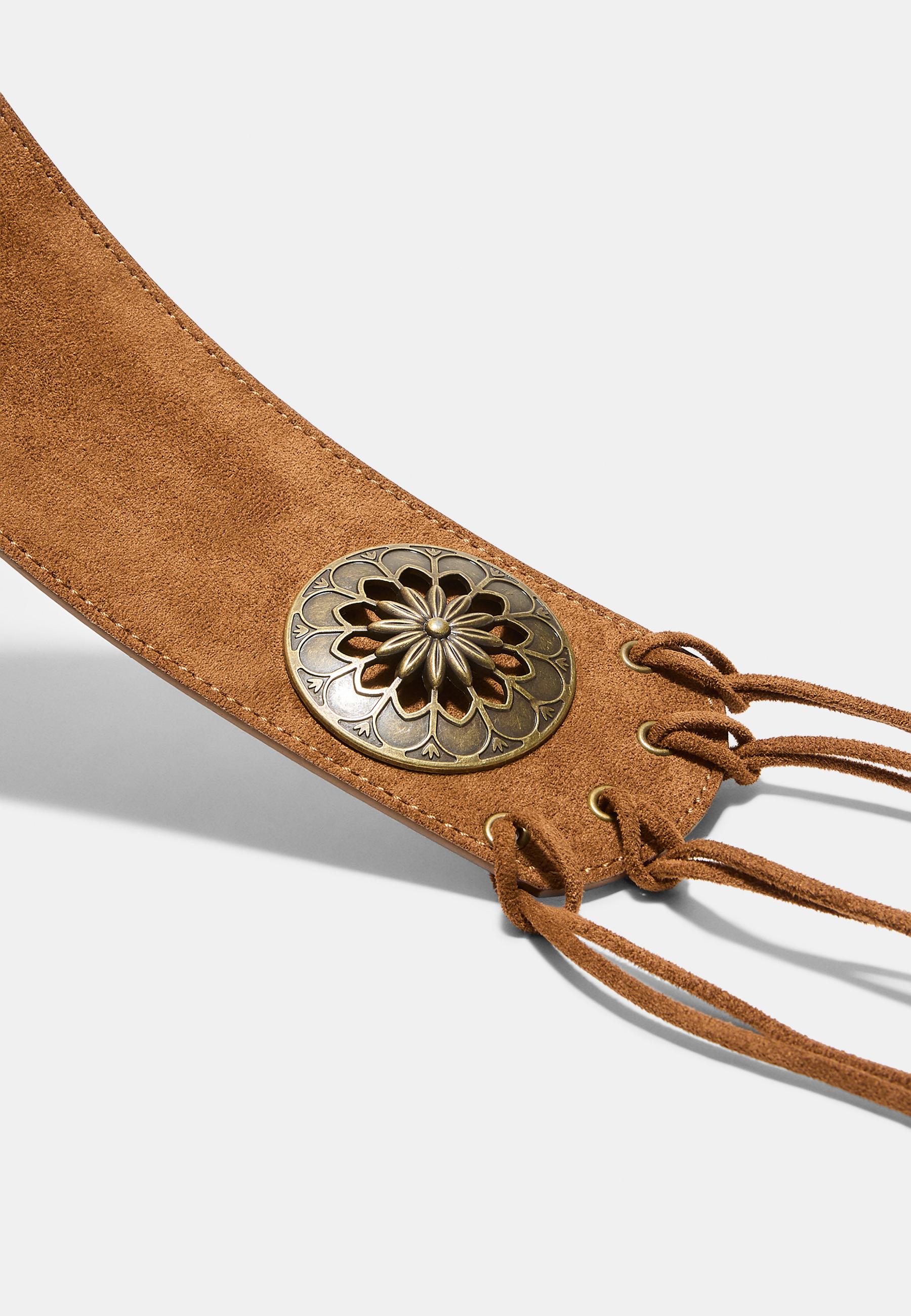 Wide belt with rosette and fringes — Pale camel
