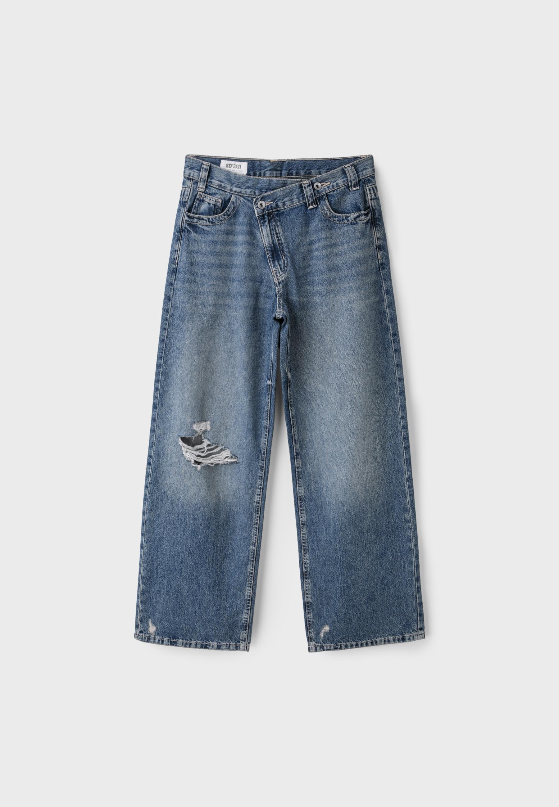 Cross-over waist wide-leg jeans — MEDIUM BLUE DENIM