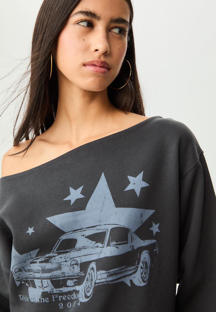 printed boat neck sweatshirt