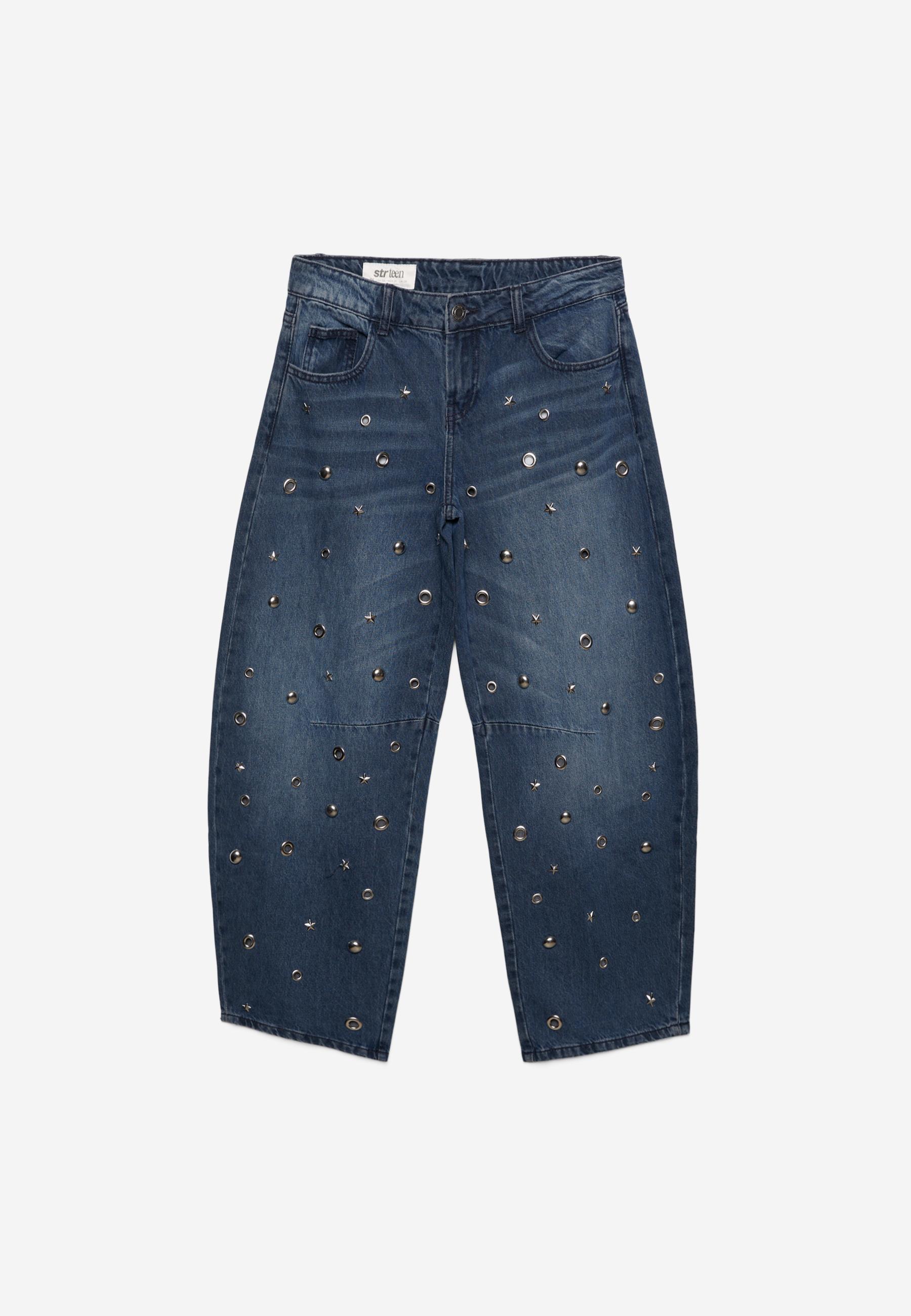 Barrel jeans with eyelets — BLACK DENIM WASHED EFFECT
