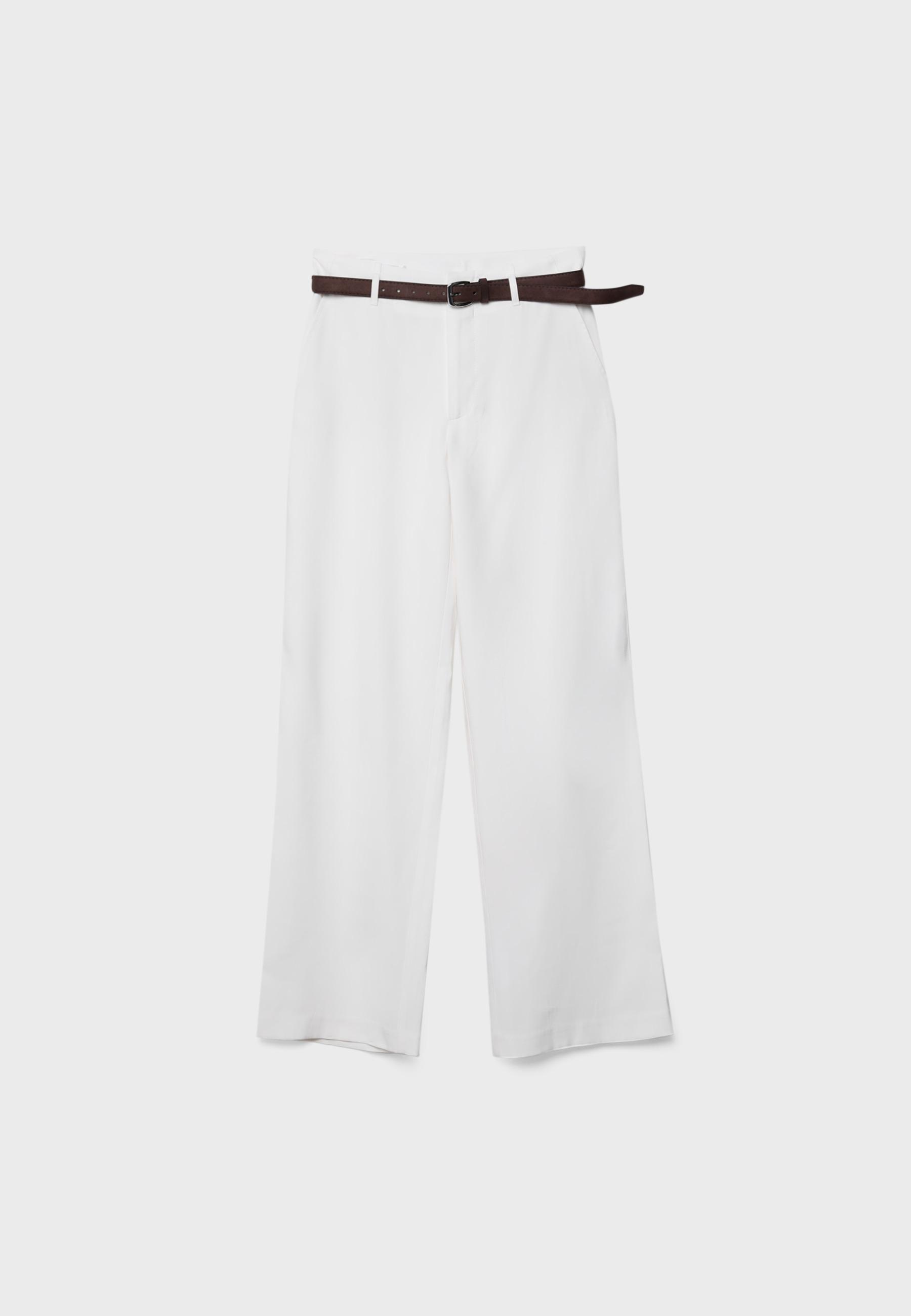 Düz kesim dökümlü kemerli pantolon - Görsel 7